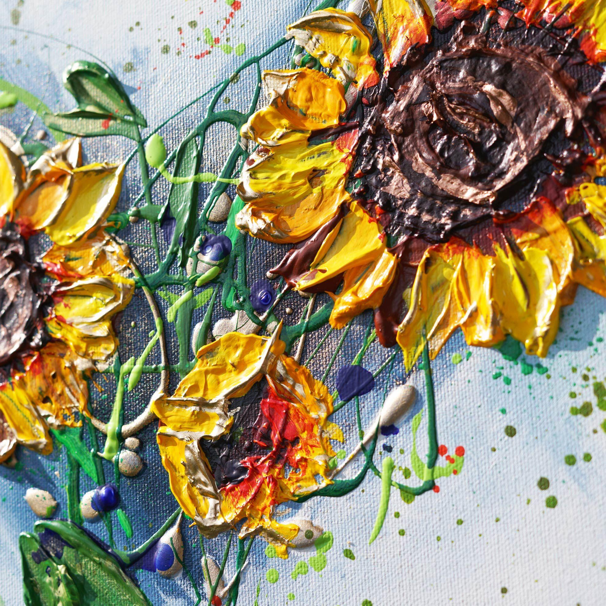 Precioso cuadro original de un corazón de flores. Expresiva pintura texturizada de Girasoles y amapolas en una corona con forma de corazón. Pintado sobre lienzo y listo para colgar de la caja a la pared. ¡Lleno de pintura espesa!    TAMAÑO: 30