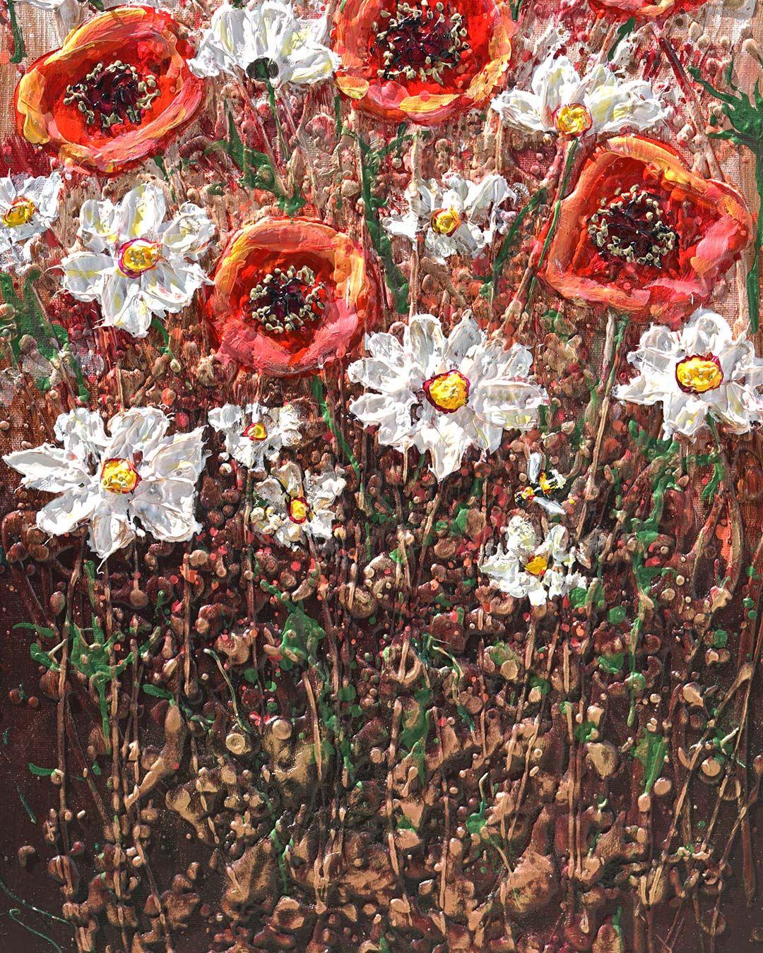 Pradera de Amapolas Radiantes    Este cautivador cuadro original estalla con los tonos vibrantes y el vivo movimiento de un prado en flor. Unas pinceladas audaces y expresivas dan vida a un impresionante despliegue de amapolas rojas y delicadas