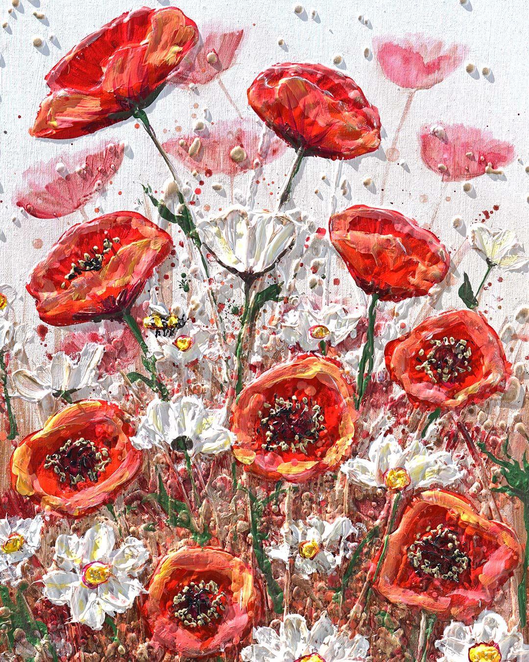 Pradera de amapolas radiantes, Pintura, Acrílico sobre lienzo en venta 1