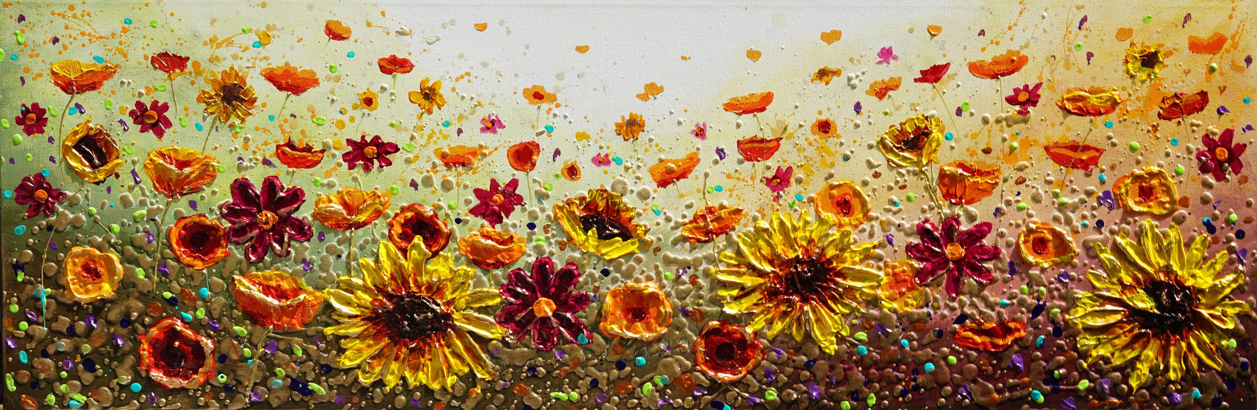 Original beautiful impasto textured painting on canvas of wildflowers including poppies and sunflowers. High-quality professional acrylic paints. Varnished for protection and longevity.  Painted on a deep edge canvas. The sides of the canvas are