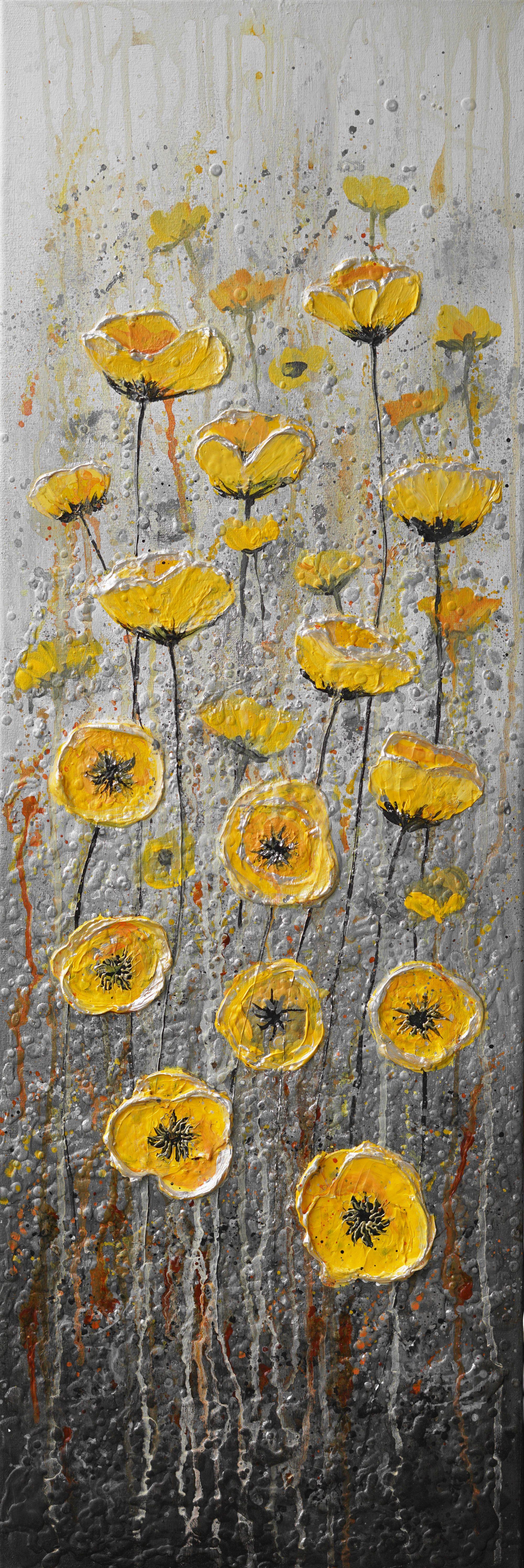 Original yellow poppy flower painting. Expressive textured impasto painting. Painted on canvas and ready to hang from box to wall. Full of thick paint!    SIZE: 12" wide x 36" high x 0.5" depth (91 x 30 x 2cm)    MEDIUM: High-quality professional