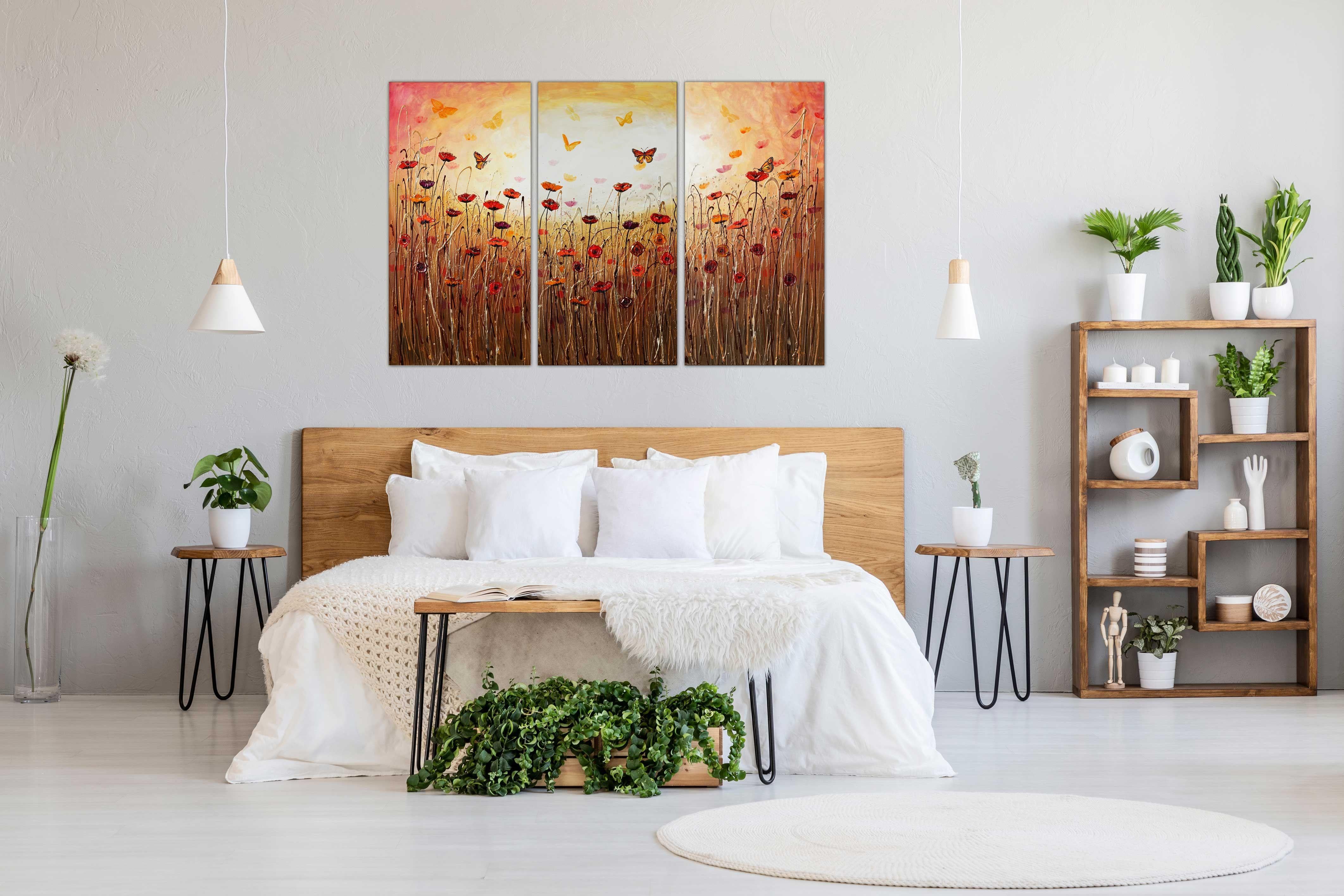 Cuadro tríptico original de bella textura sobre tres lienzos  100% Hecho a mano     TÍTULO: La canción de la naturaleza    MEDIO: Pinturas acrílicas profesionales de alta calidad. Barnizado para mayor protección y longevidad.     SUPERFICIE: Pintado