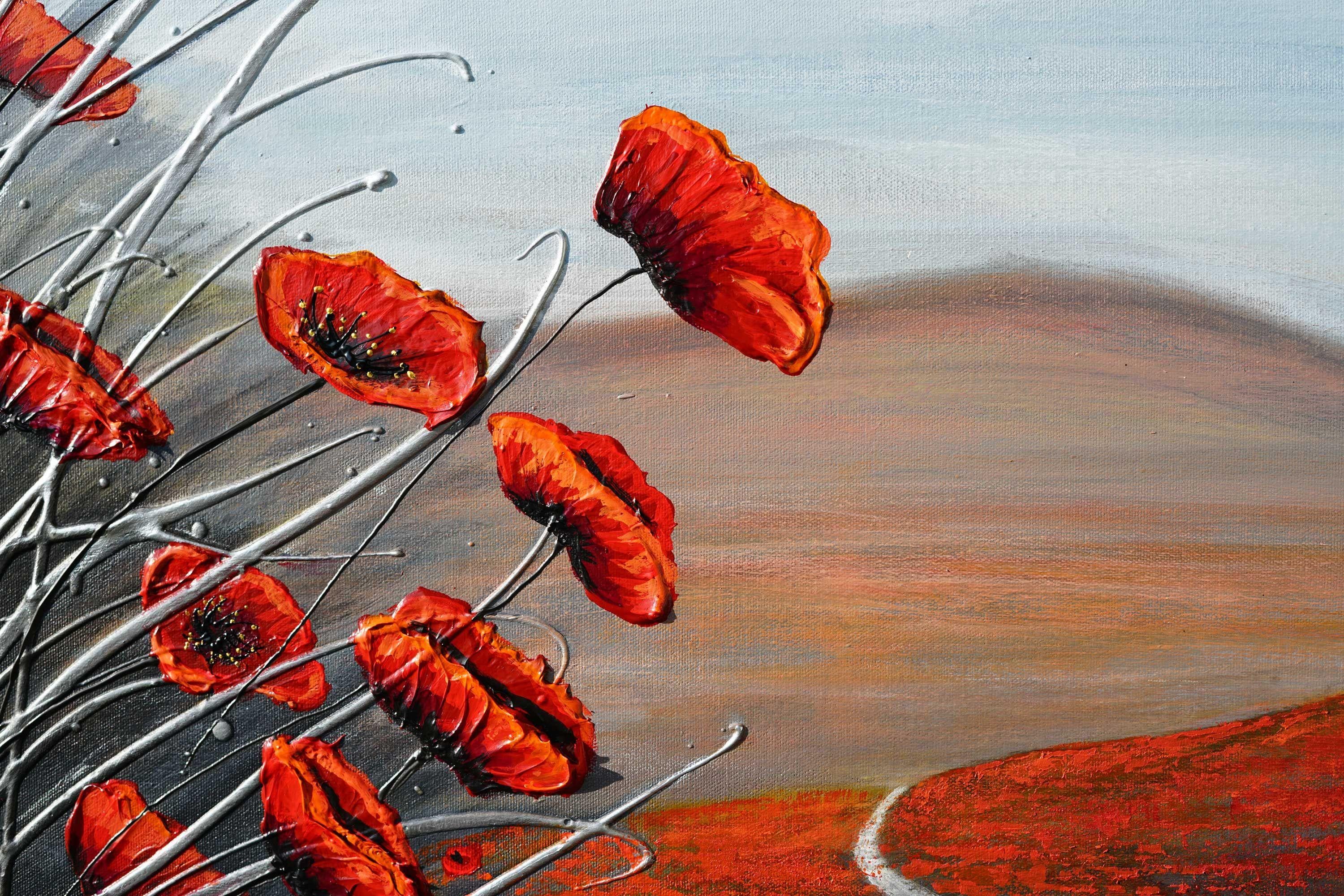Original beautiful textured red poppy flower landscape on canvas. 100% Handmade     TITLE: The Walk Through the Poppies    MEDIUM: High-quality professional acrylic paints. Varnished for protection and longevity.     SURFACE: Painted on a deep edge