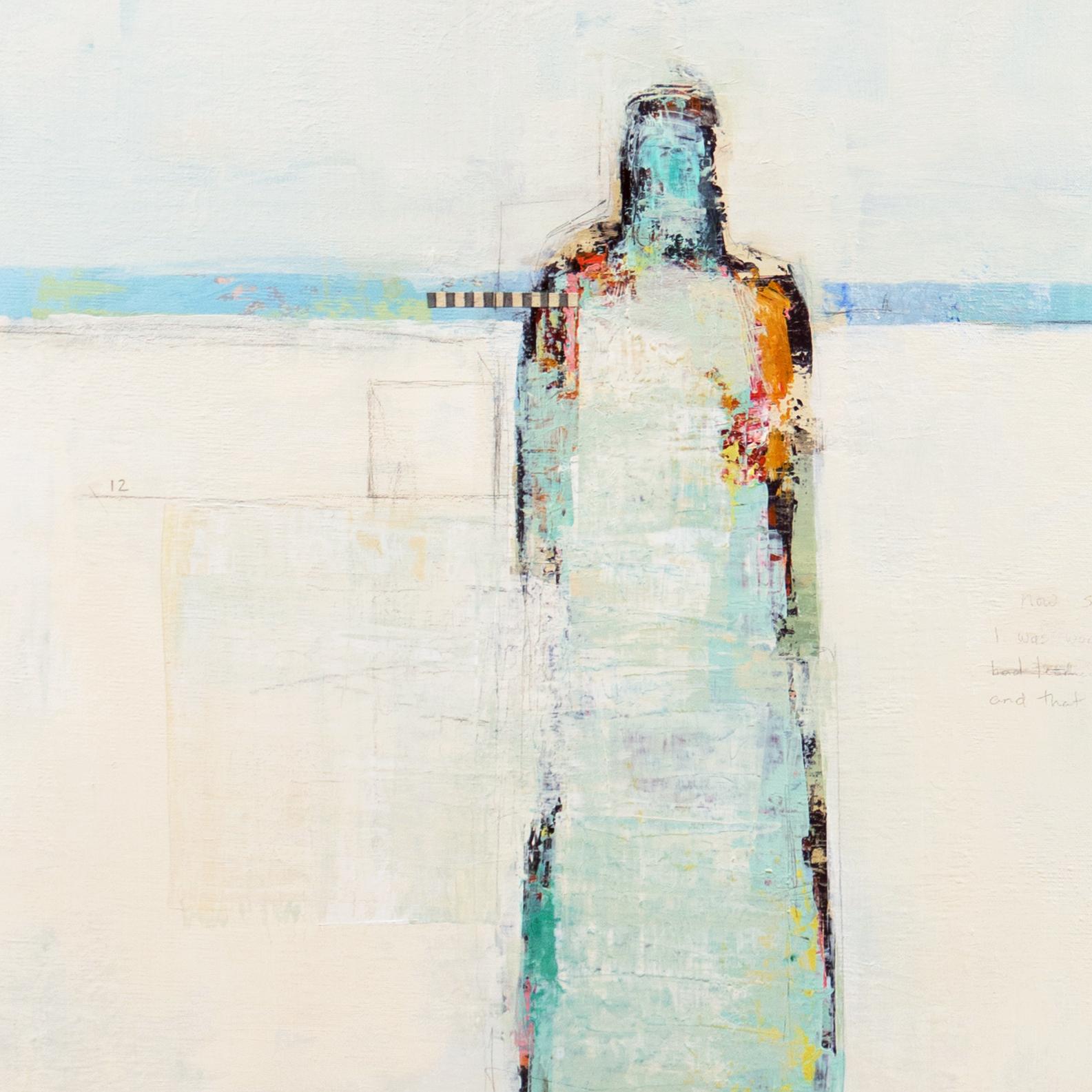 Initialed lower left, 'A.D.' for Amanda Danitschek (American, born 1956) and painted circa 2010. Additionally signed twice, verso, and titled, 'Against All Odds (12 Stories)'

A substantial Modernist figural oil showing a view of a woman standing