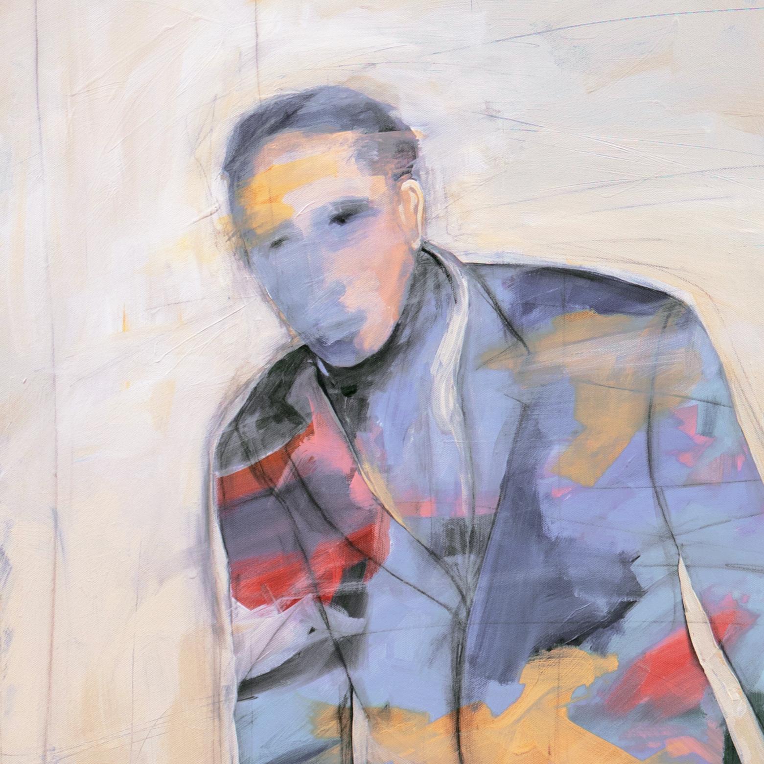 Signed lower right, 'A.Danitschek' for Amanda Danitschek (American, born 1956) and painted circa 2010. Additionally signed, verso, and titled, 'No One Said It Would Be Easy'.

A substantial Modernist figural oil showing a view of a man dressed in a