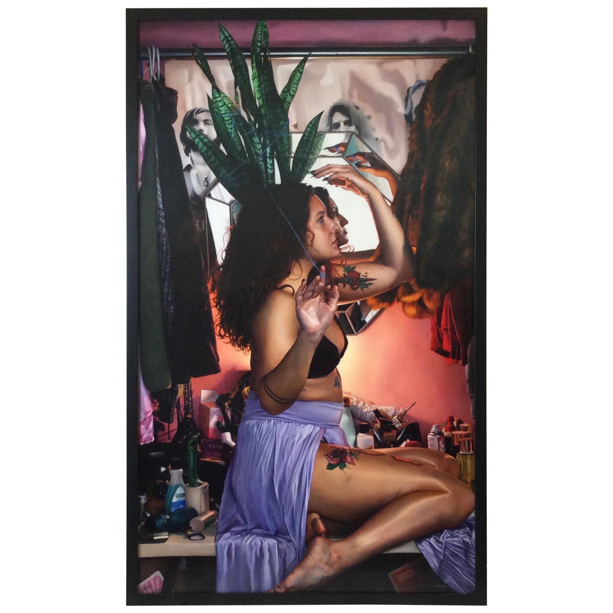 Amanda Greive, "La stanza" Olio moderno surrealista su pannello firmato