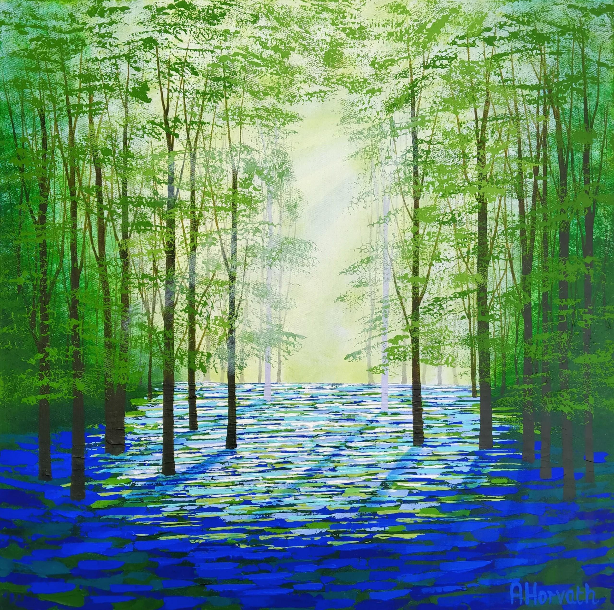 Amanda Horvarth Abstract Painting - Sunlight Woods, abstract art, landscape art, tree art, affordable art