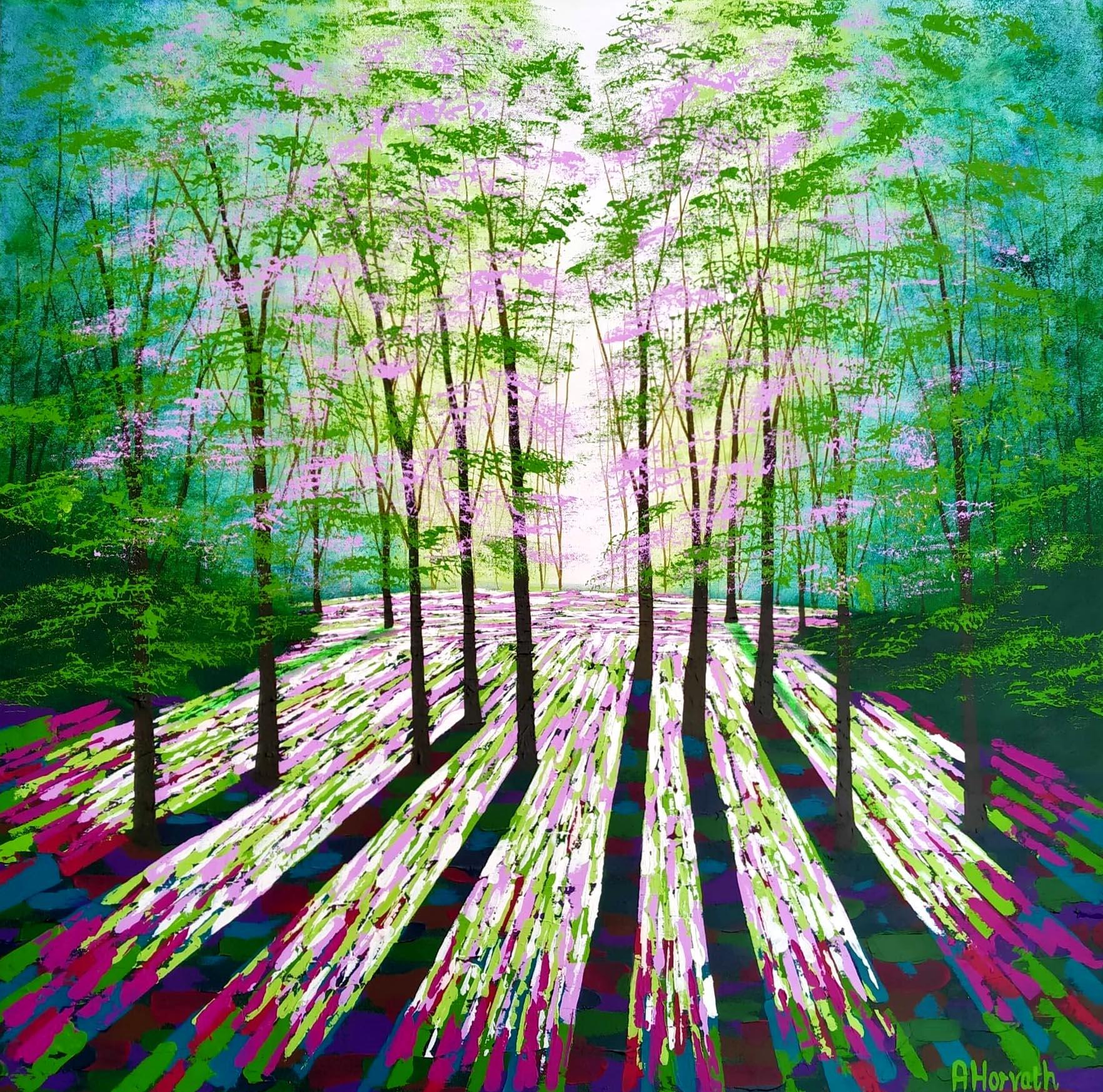 Forest Calm by Amanda Horvath, Landscape, Trees, Botanical, Expressionist  - Black Figurative Painting by Amanda Horvath 