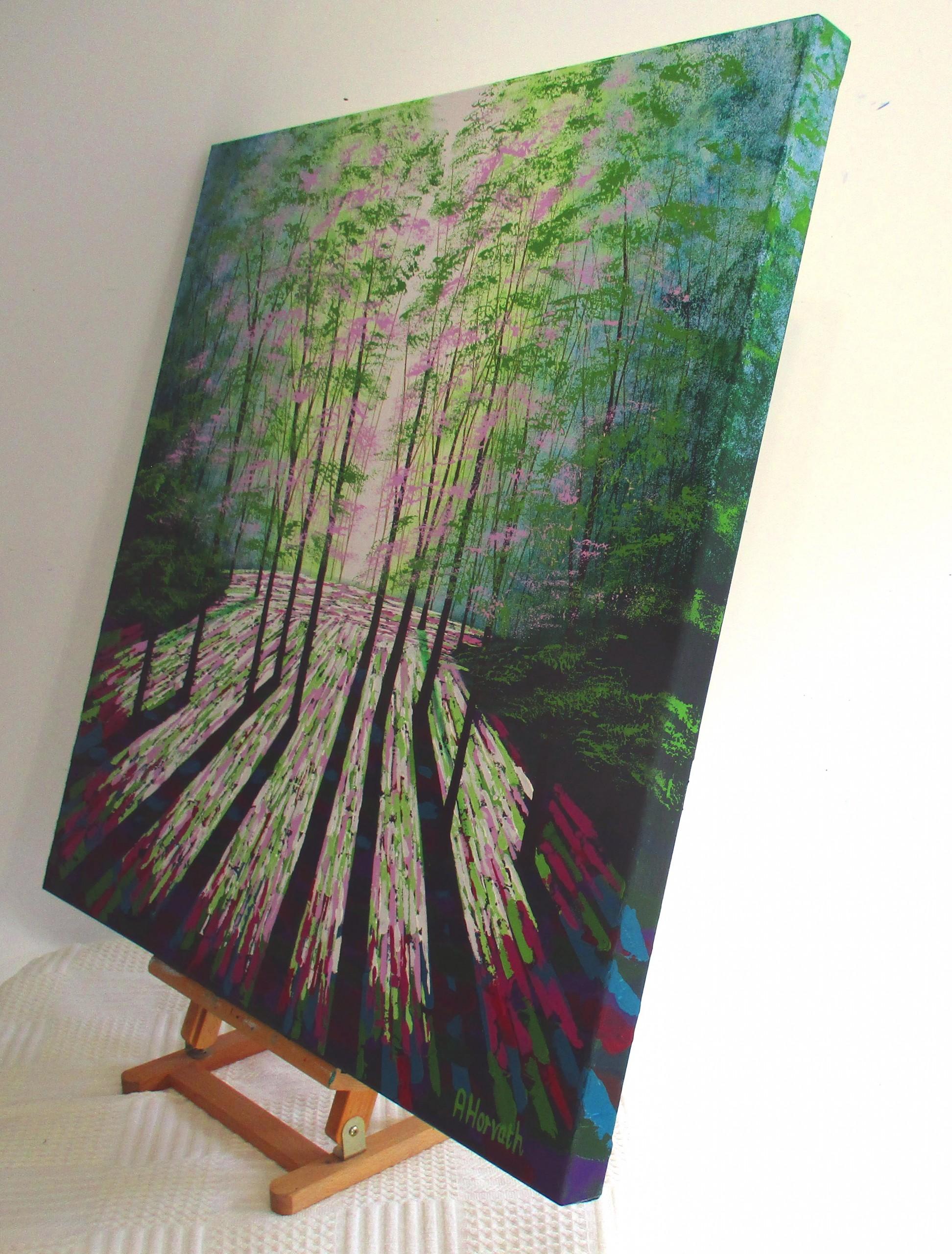 Forest Calm von Amanda Horvath, Landschaft, Bäume, botanisch, expressionistisch  (Schwarz), Figurative Painting, von Amanda Horvath 