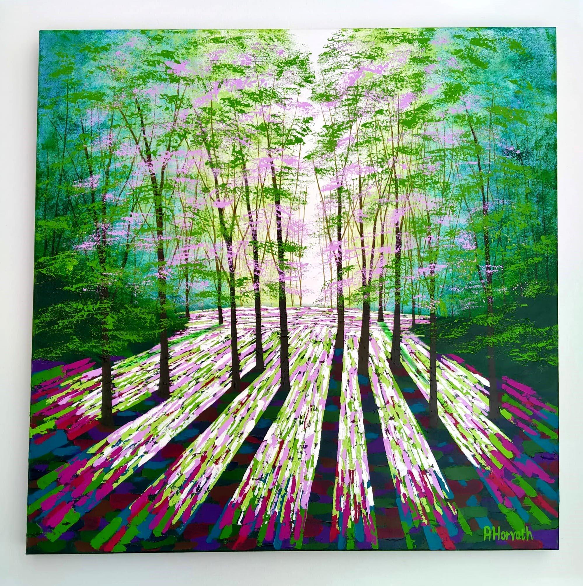 Forest Calm von Amanda Horvath, Landschaft, Bäume, botanisch, expressionistisch  (Expressionismus), Painting, von Amanda Horvath 