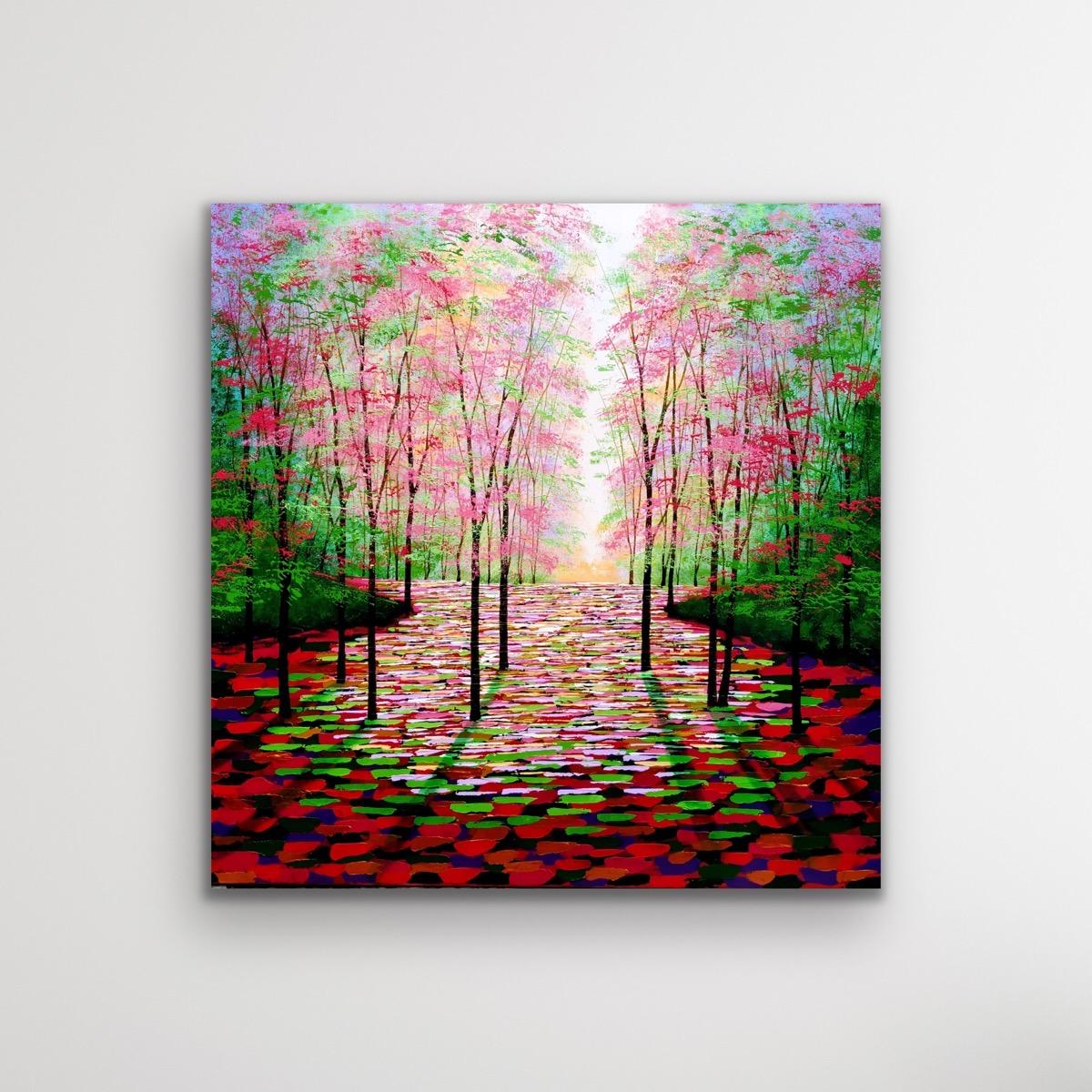 Un posto più tranquillo nella foresta, pittura di paesaggio semi-astratta, arte del bosco in grassetto - Painting Contemporaneo di Amanda Horvath