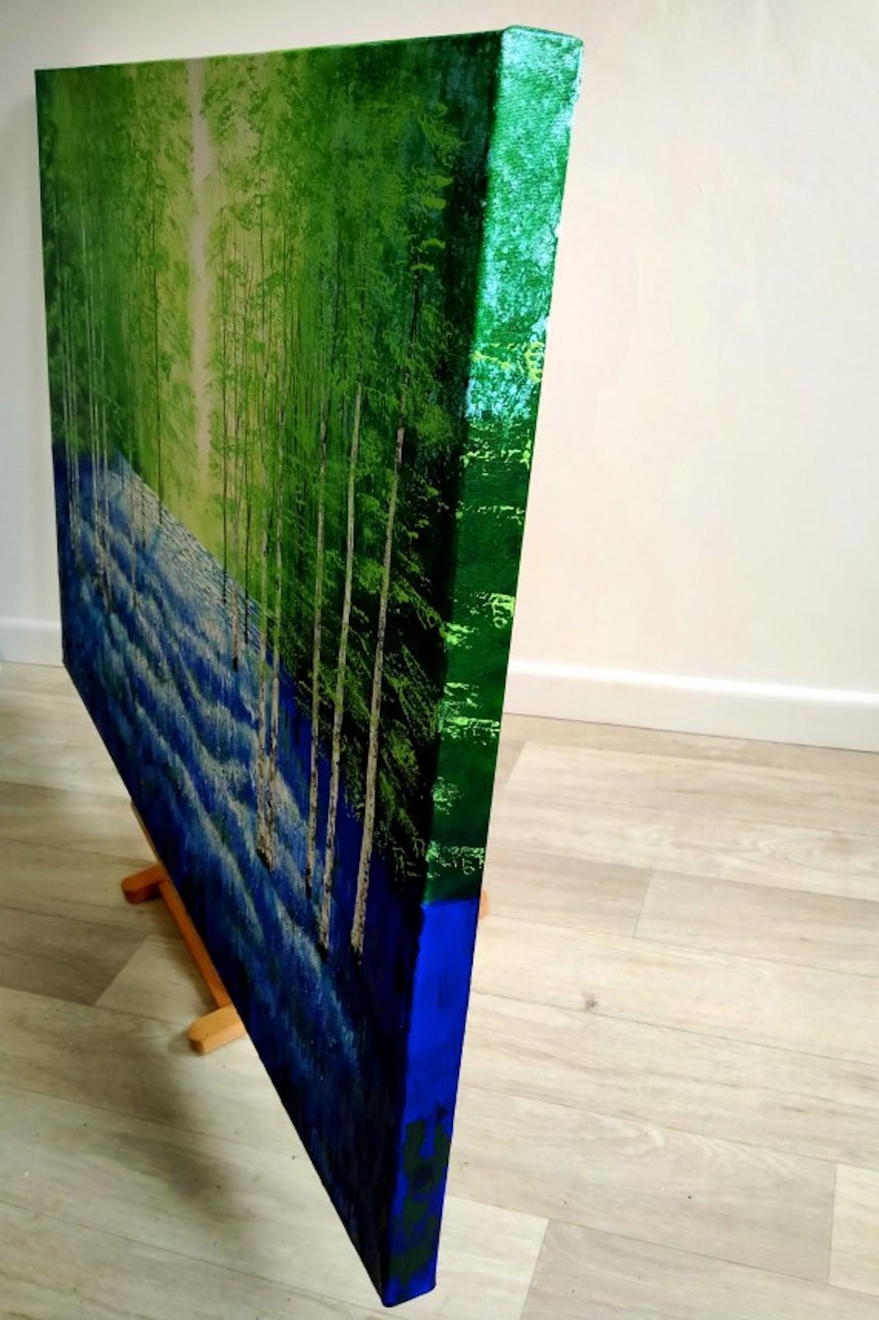 Amanda Horvath, Paradise Blue 111, peinture originale de paysage de bois en vente 4
