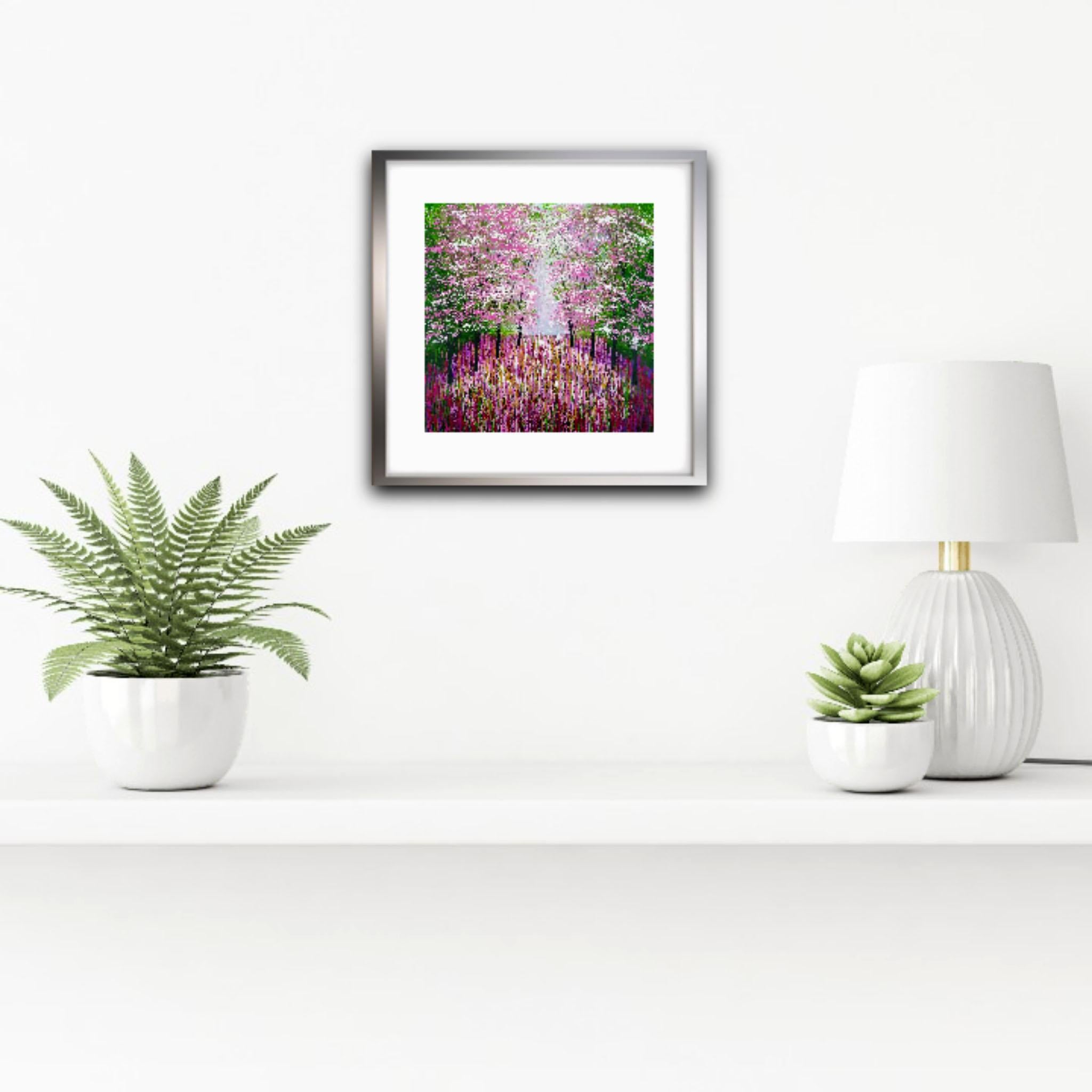 Blossom Lights, pink and green art, forest art, tree art, affordable art - Painting by Amanda Horvath