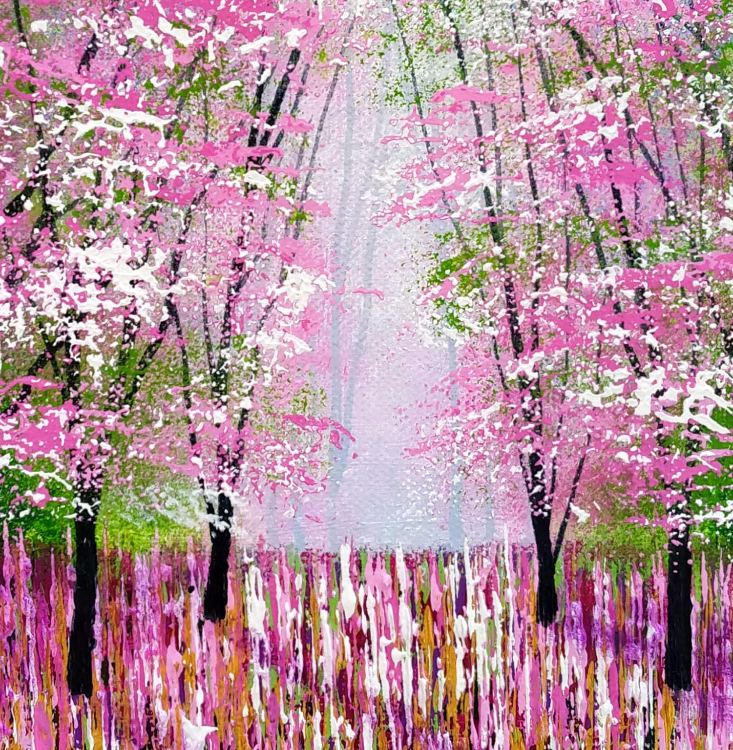 Blossom Lights, pink and green art, forest art, tree art, affordable art - Contemporary Painting by Amanda Horvath