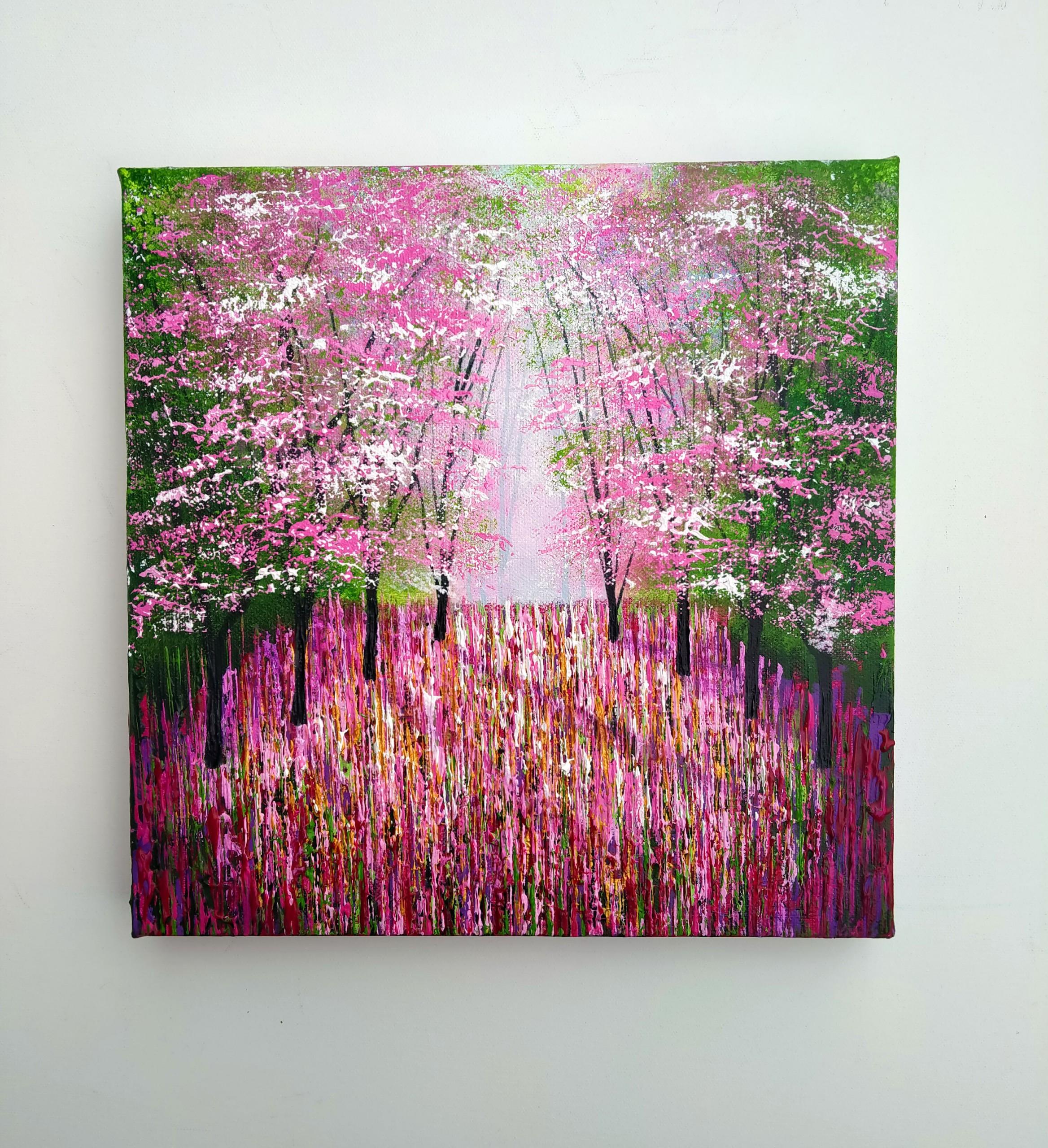 Blossom Lights, pink and green art, forest art, tree art, affordable art - Brown Figurative Painting by Amanda Horvath