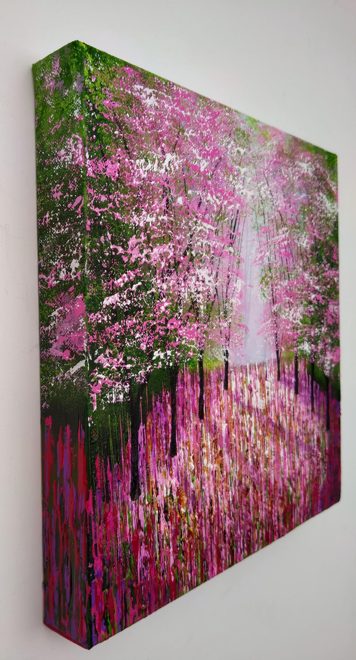 Blossom Lights, pink and green art, forest art, tree art, affordable art For Sale 1
