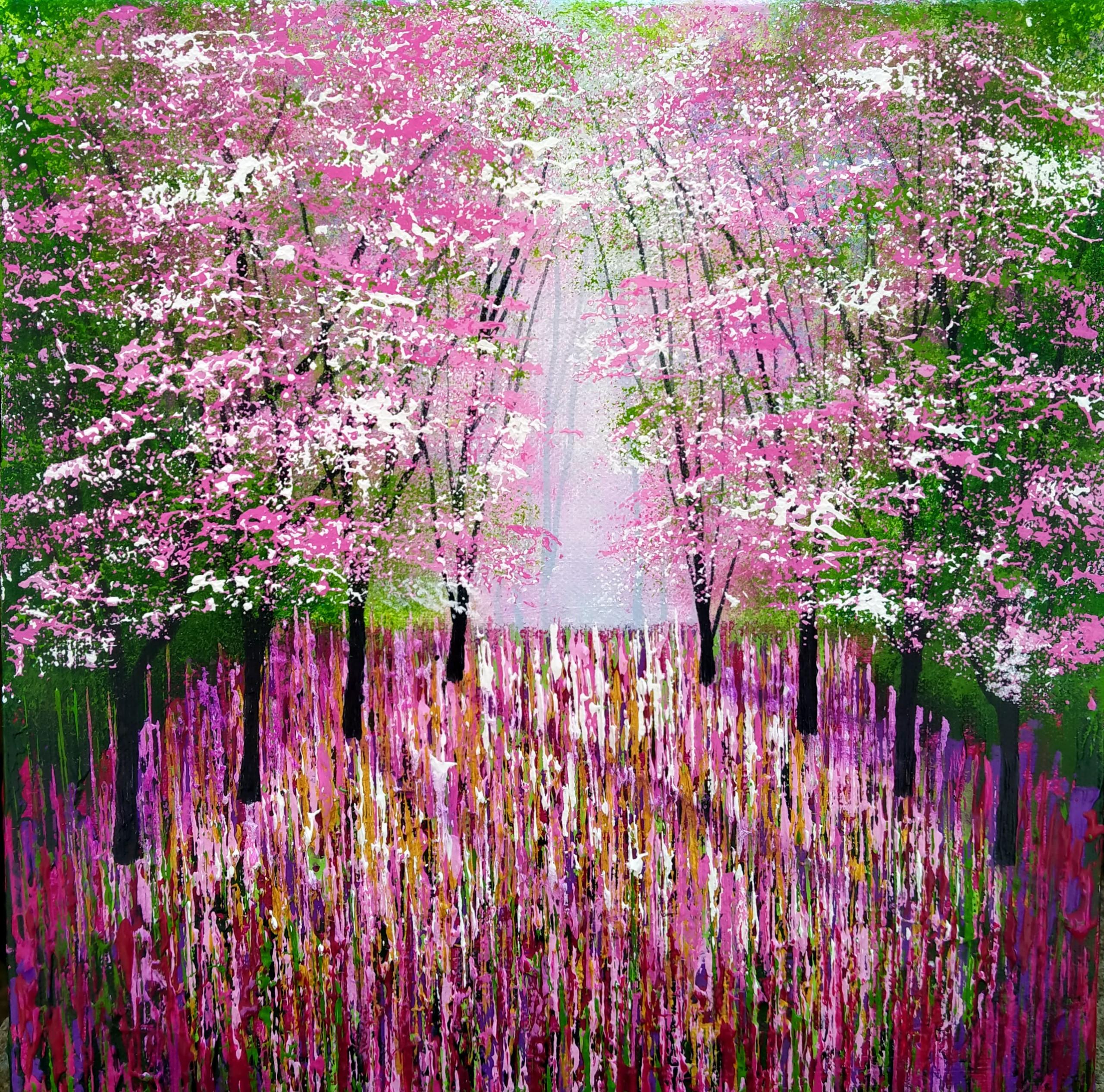 Amanda Horvath Figurative Painting - Blossom Lights, pink and green art, forest art, tree art, affordable art