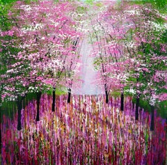 Blossom Lights, pink and green art, forest art, tree art, affordable art