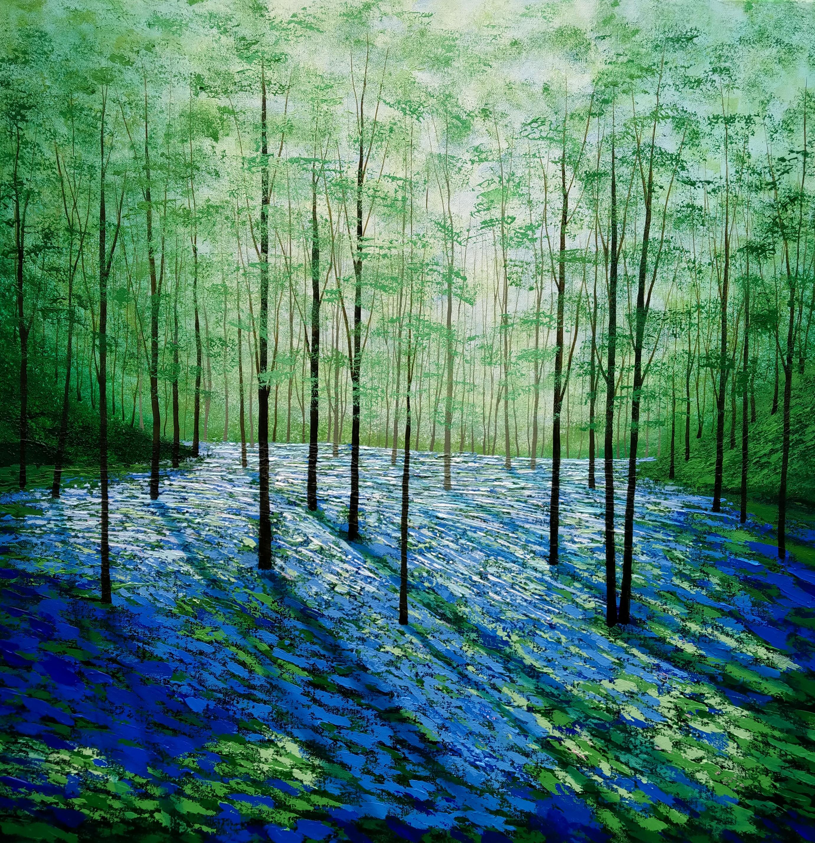 Amanda Horvath Landscape Painting - By the Bluebell Wood, landscape, floral, nature 