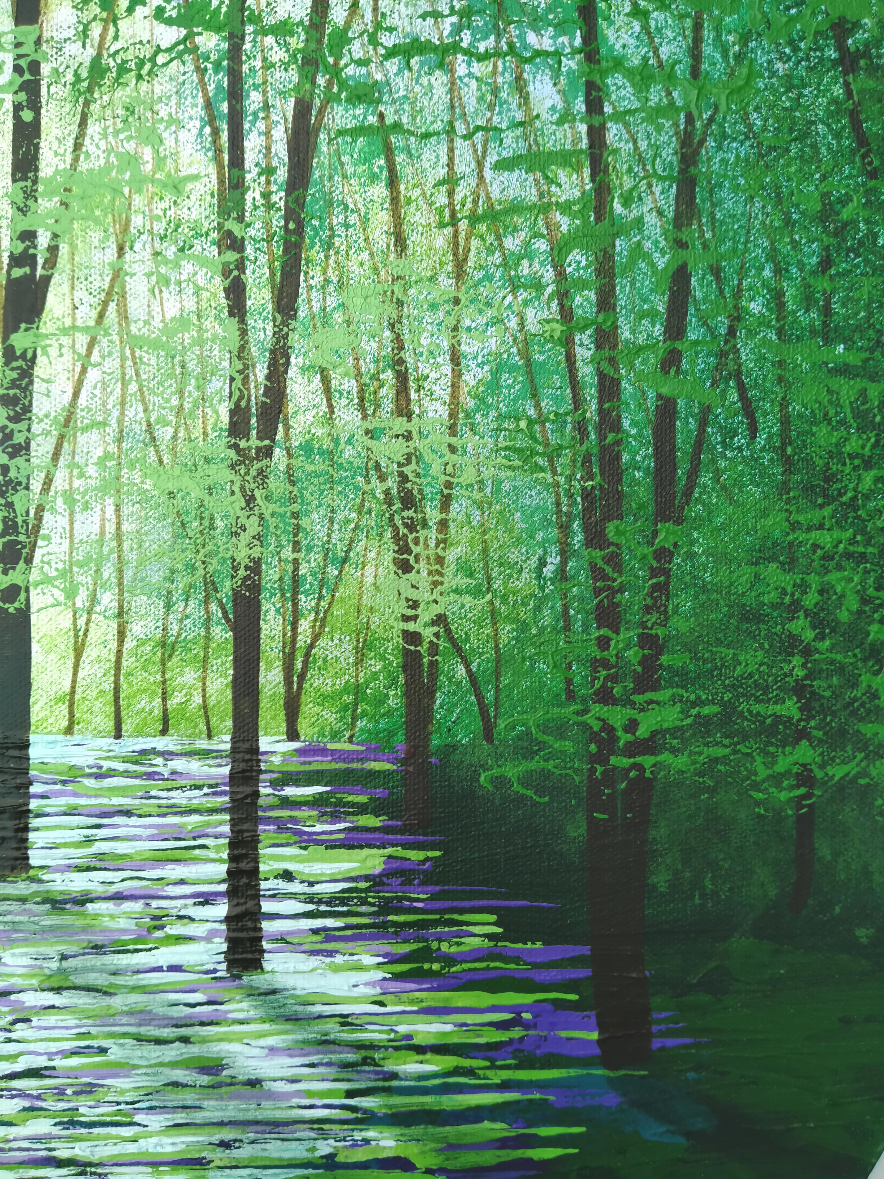 In creating this piece, I worked in layers and textures on the canvas to evoke the serenity of a mystical forest place. Harnessing elements of impressionism brings to mind a calming scene that invites the viewer to experience nature's introspective