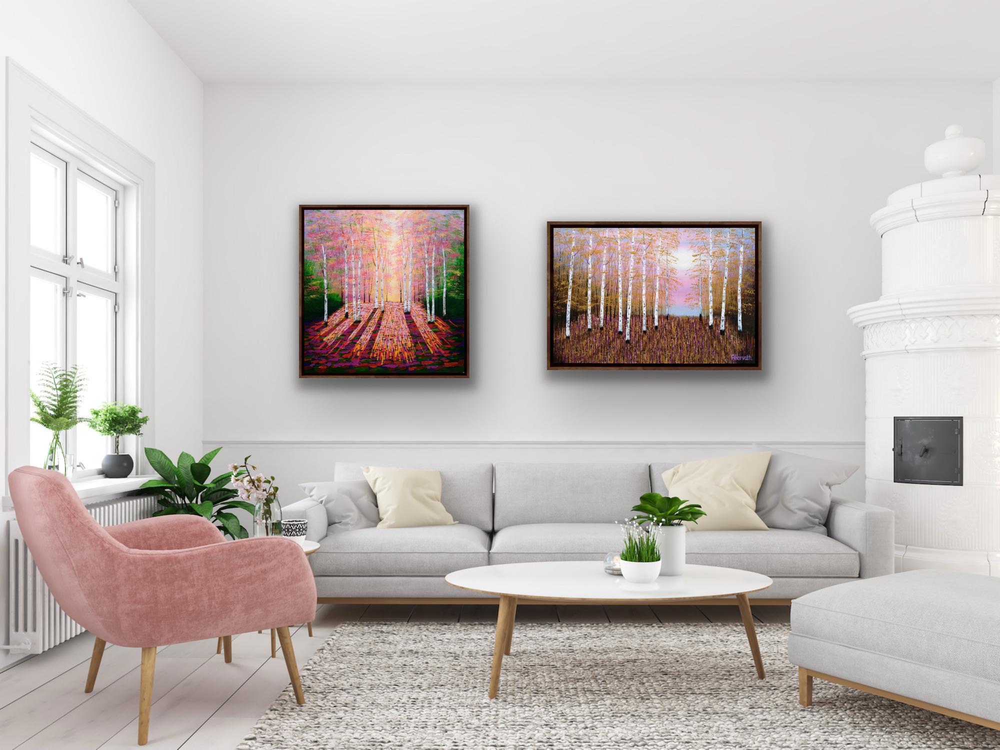 Gold- und Rosenwaldlicht & Goldenes Abendlicht III, Diptychon, Original – Painting von Amanda Horvath