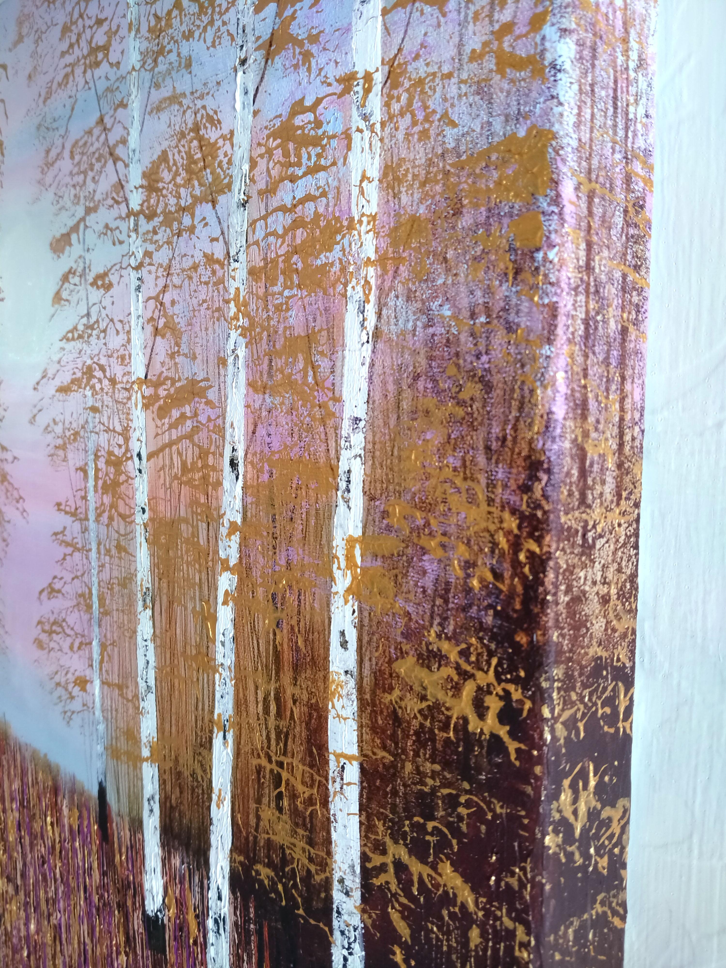 Gold und Rose Wald Licht, Original-Gemälde, zeitgenössische Malerei, floral (Zeitgenössisch), Painting, von Amanda Horvath