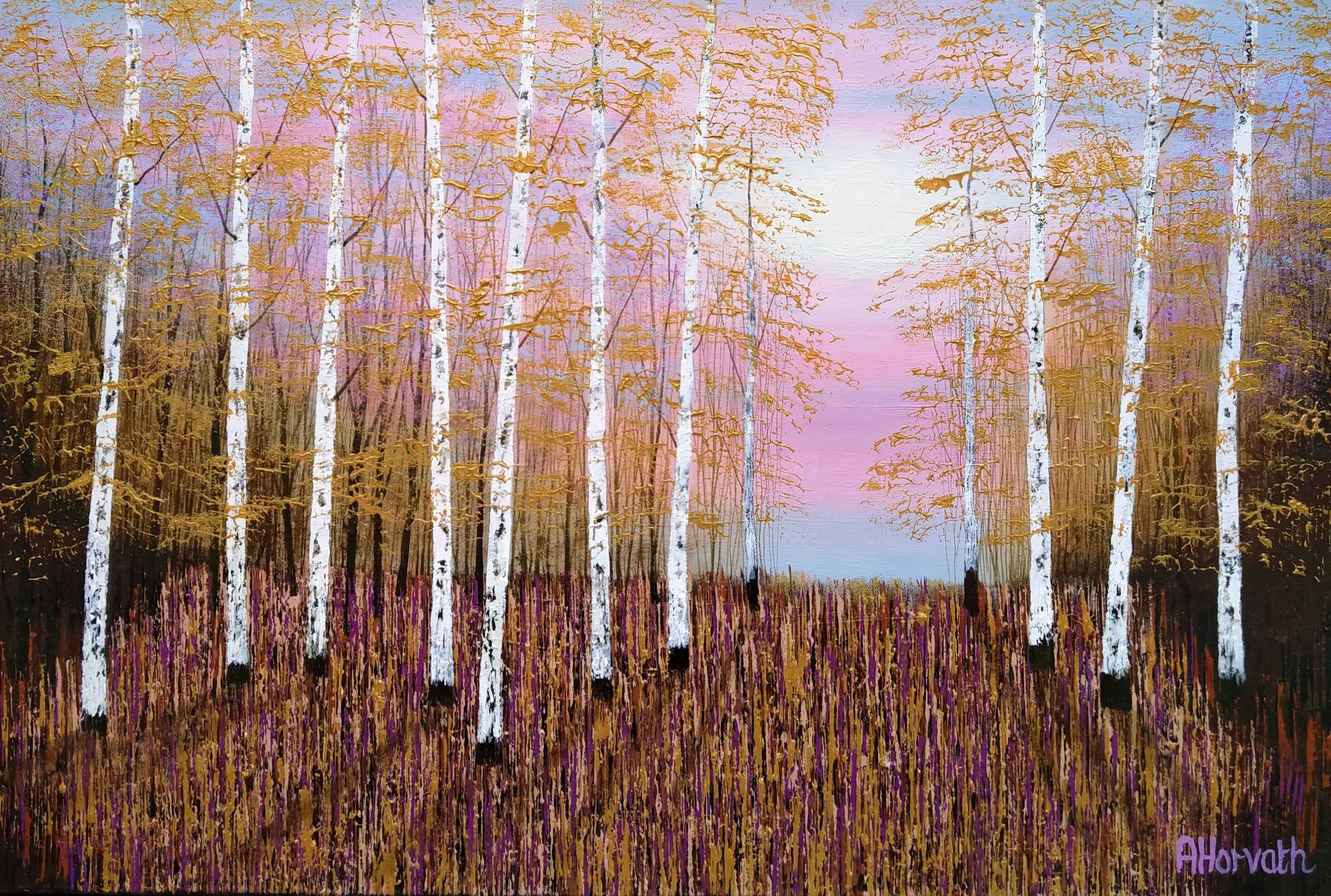 Gold und Rose Wald Licht, Original-Gemälde, zeitgenössische Malerei, floral