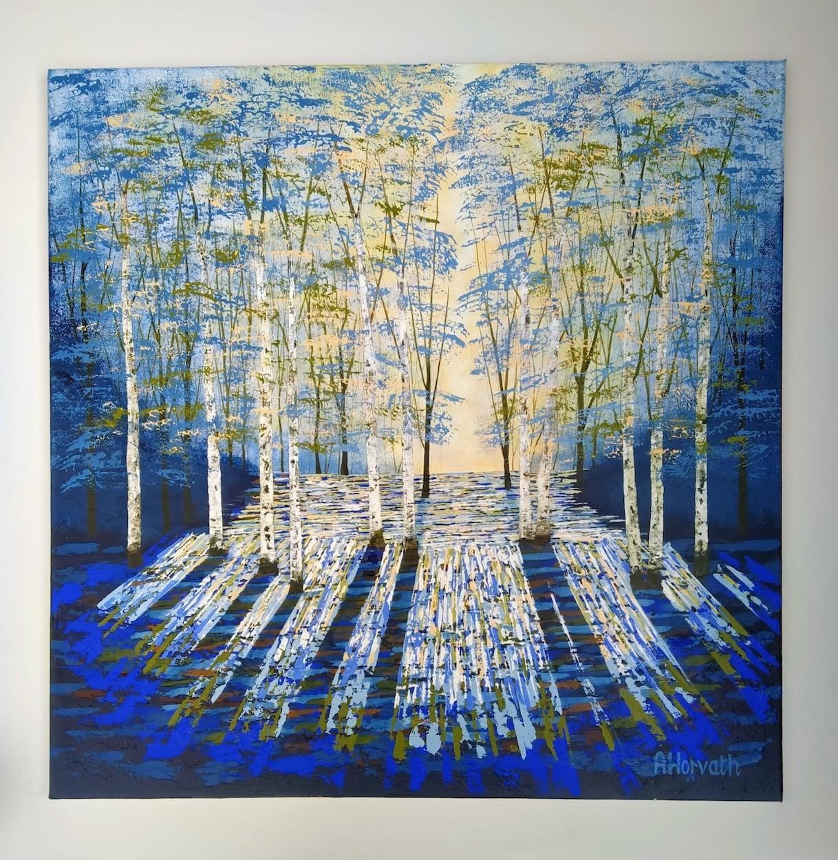 Atardecer dorado azul Acrílico sobre lienzo Pintura de Amanda Horvath, 2022 en venta 2