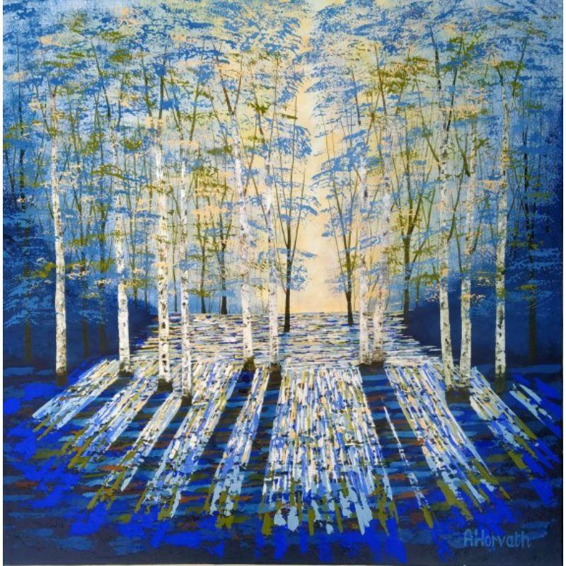 Golden Evening Blue par Amanda Horvath [2022]

Cette peinture est un original unique avec des thèmes naturels célébrant de magnifiques tons bleus, verts et abricots. Il y a de jolis bois près de chez moi et vers la fin de la journée, la lumière est