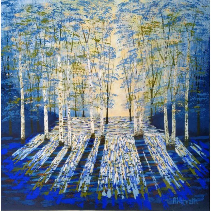 Azul noche dorada de Amanda Horvath [2022]

Este cuadro es un original único con temas naturales que celebran hermosos tonos azules, verdes y albaricoque. Hay unos bosques preciosos cerca de mi casa y hacia el final del día la luz es clara en la