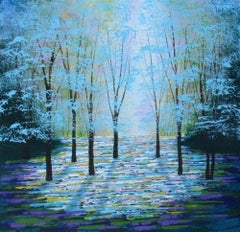 Summer Glade, peinture originale, art de paysage, impressionnisme, tons bleus