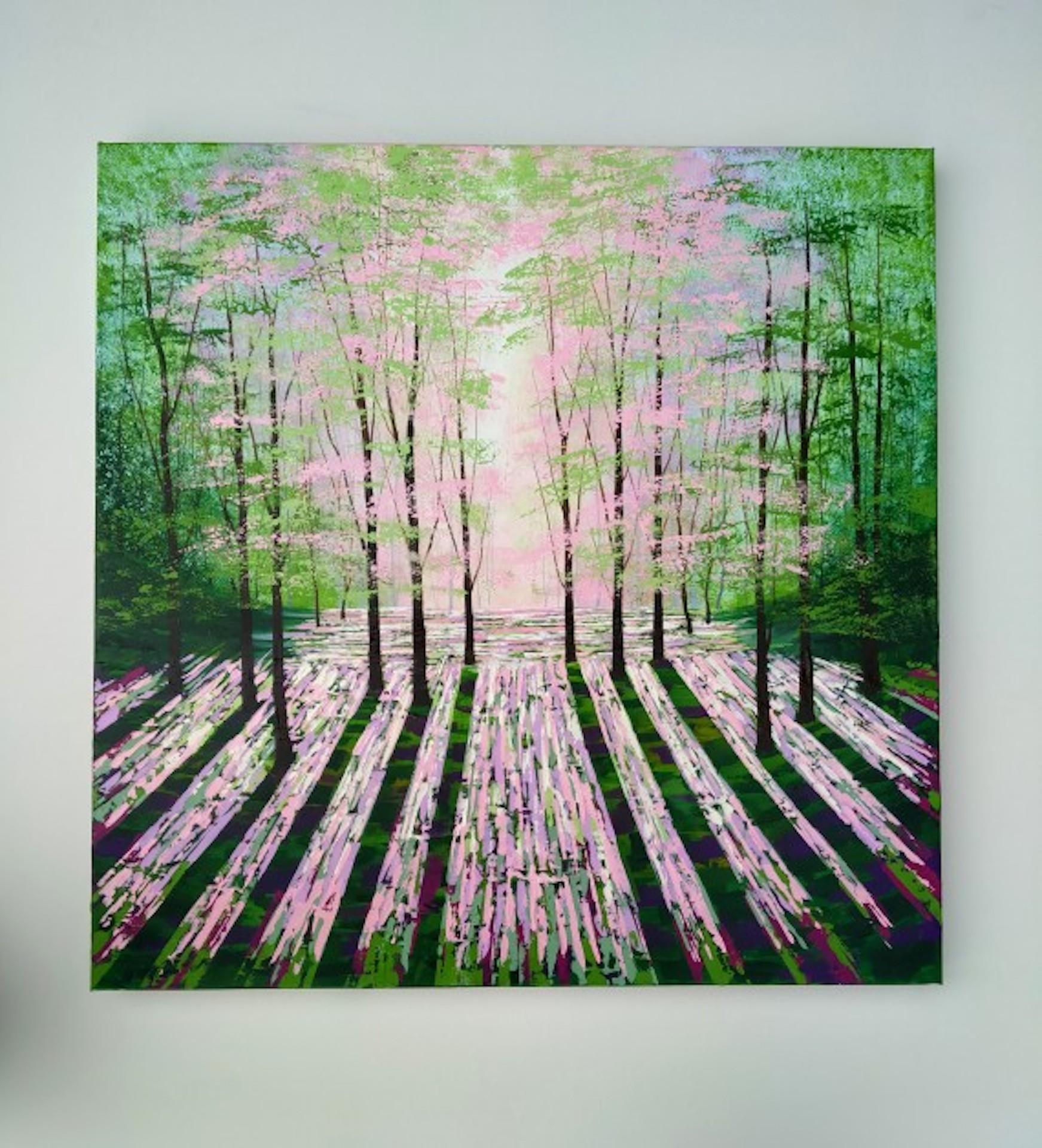 'Summer Lights' is an interpretation of the beautiful woods near my home in the Peak District. Sunlight filters through the leafy glade creating dramatic shadows and delicate light tones of pink and green. An original artwork, one of a kind, this