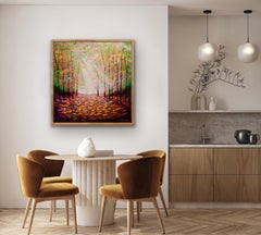 Sogno alla luce del sole, dipinto originale di paesaggio, arte del bosco, alberi d'autunno