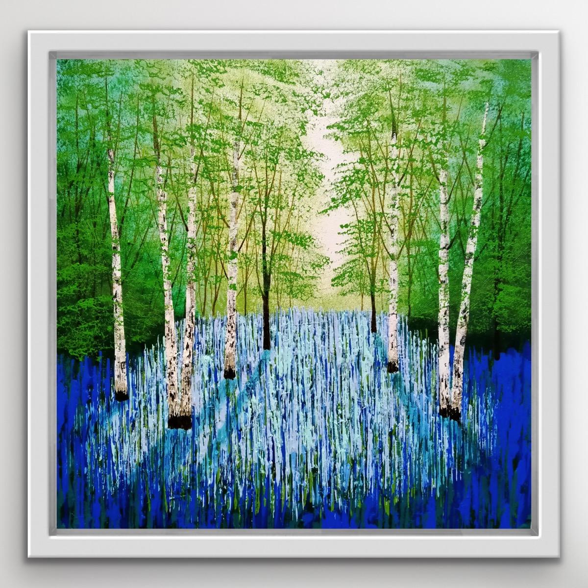 Bluebell Serenity, Bluebell Waldmalerei, Waldkunst, helles Baumgemälde (Zeitgenössisch), Painting, von Amanda Hovarth