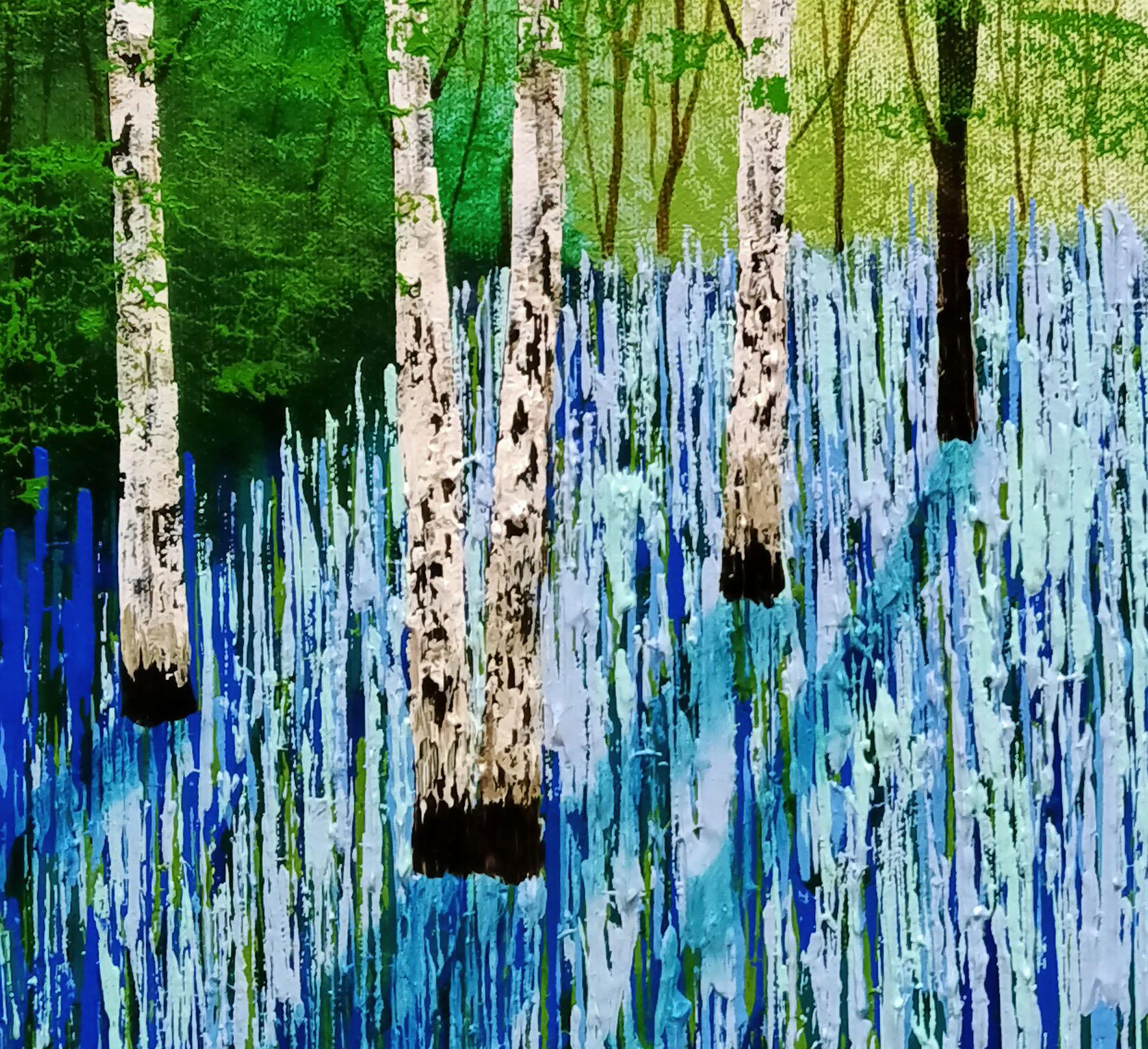 Bluebell Serenity, Bluebell Waldmalerei, Waldkunst, helles Baumgemälde im Angebot 1