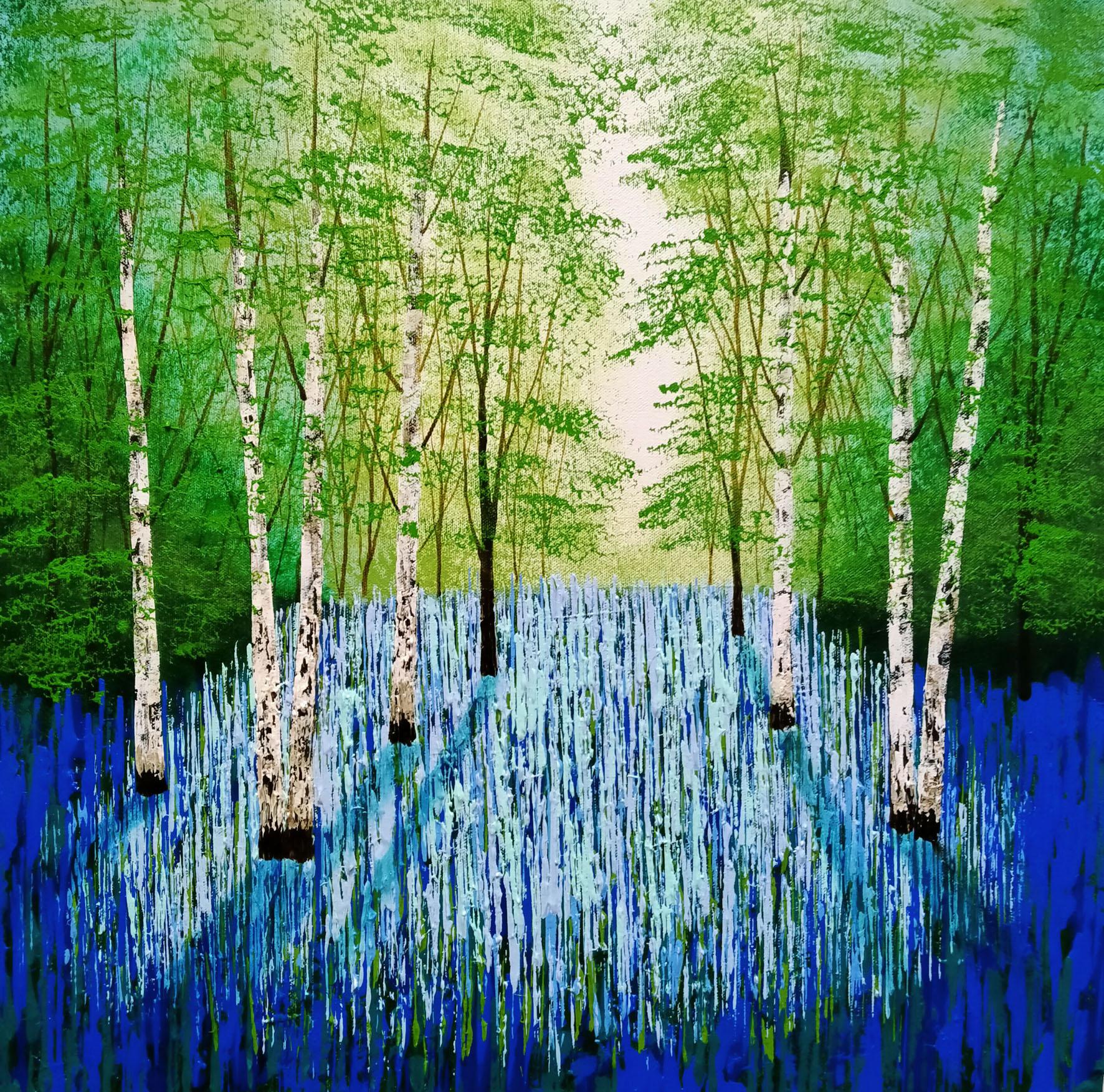 Amanda Hovarth Abstract Painting – Bluebell Serenity, Bluebell Waldmalerei, Waldkunst, helles Baumgemälde
