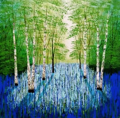 Bluebell Serenity, Bluebell Waldmalerei, Waldkunst, helles Baumgemälde