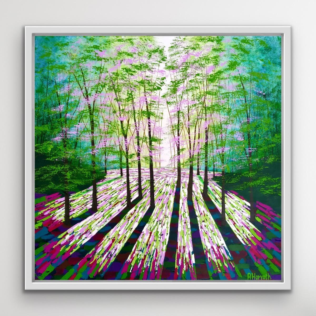 Calma forestal, Arte paisajístico luminoso, Pintura vibrante de árboles del bosque, Arte luminoso - Painting Contemporáneo de Amanda Hovarth