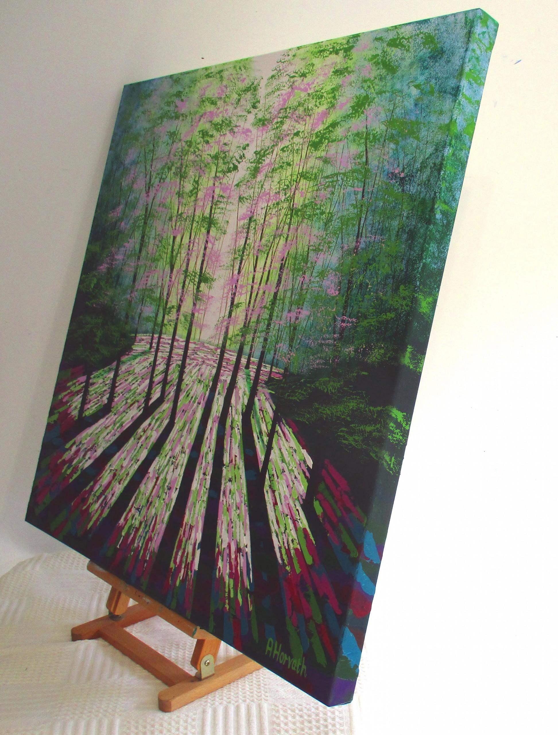 Calma forestal, Arte paisajístico luminoso, Pintura vibrante de árboles del bosque, Arte luminoso - Landscape Painting Negro de Amanda Hovarth