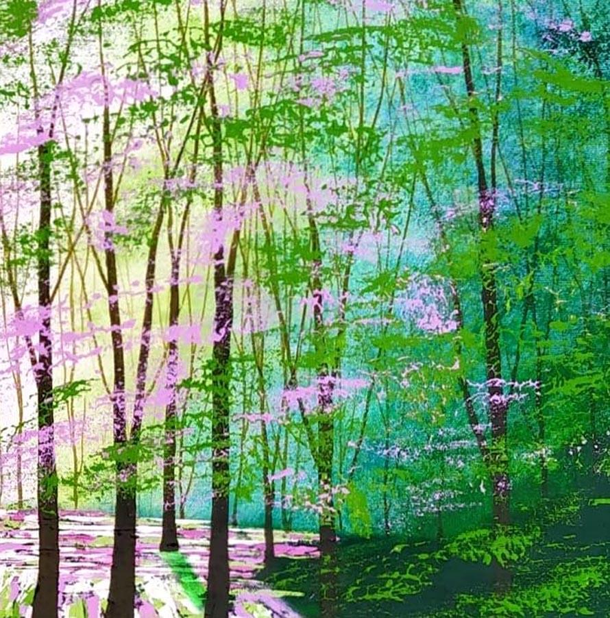 Calma forestal, Arte paisajístico luminoso, Pintura vibrante de árboles del bosque, Arte luminoso en venta 1