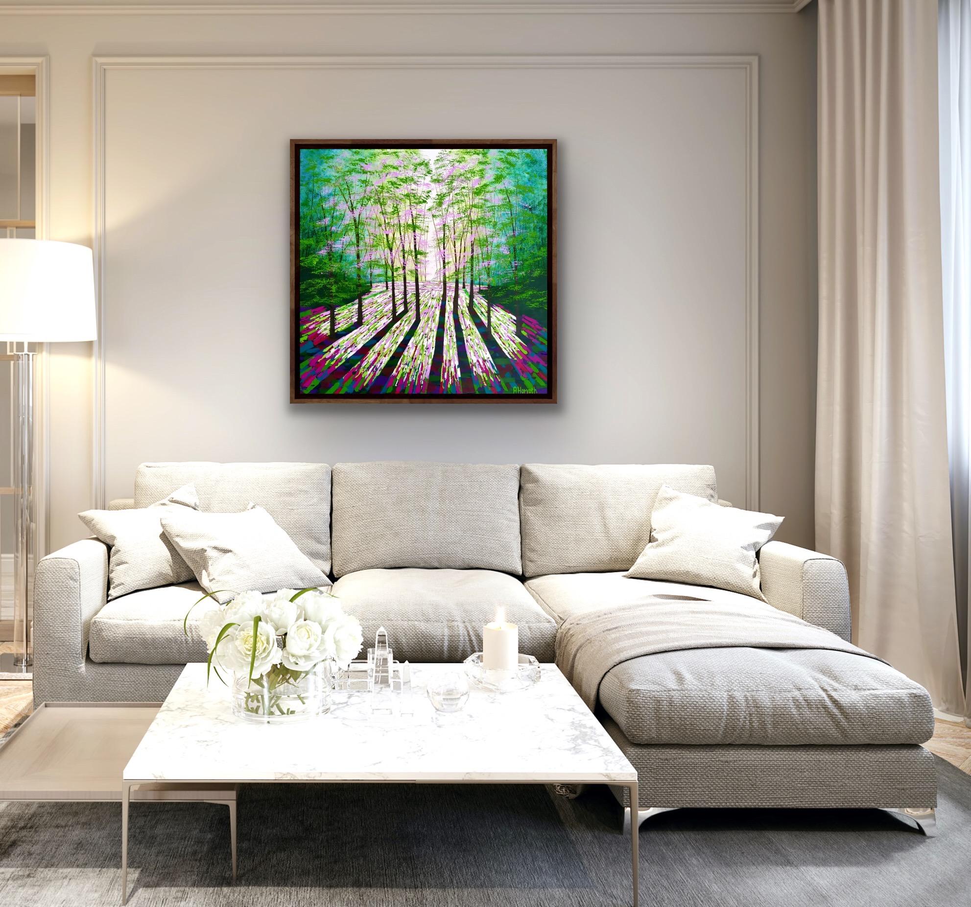 Calma forestal, Arte paisajístico luminoso, Pintura vibrante de árboles del bosque, Arte luminoso en venta 2