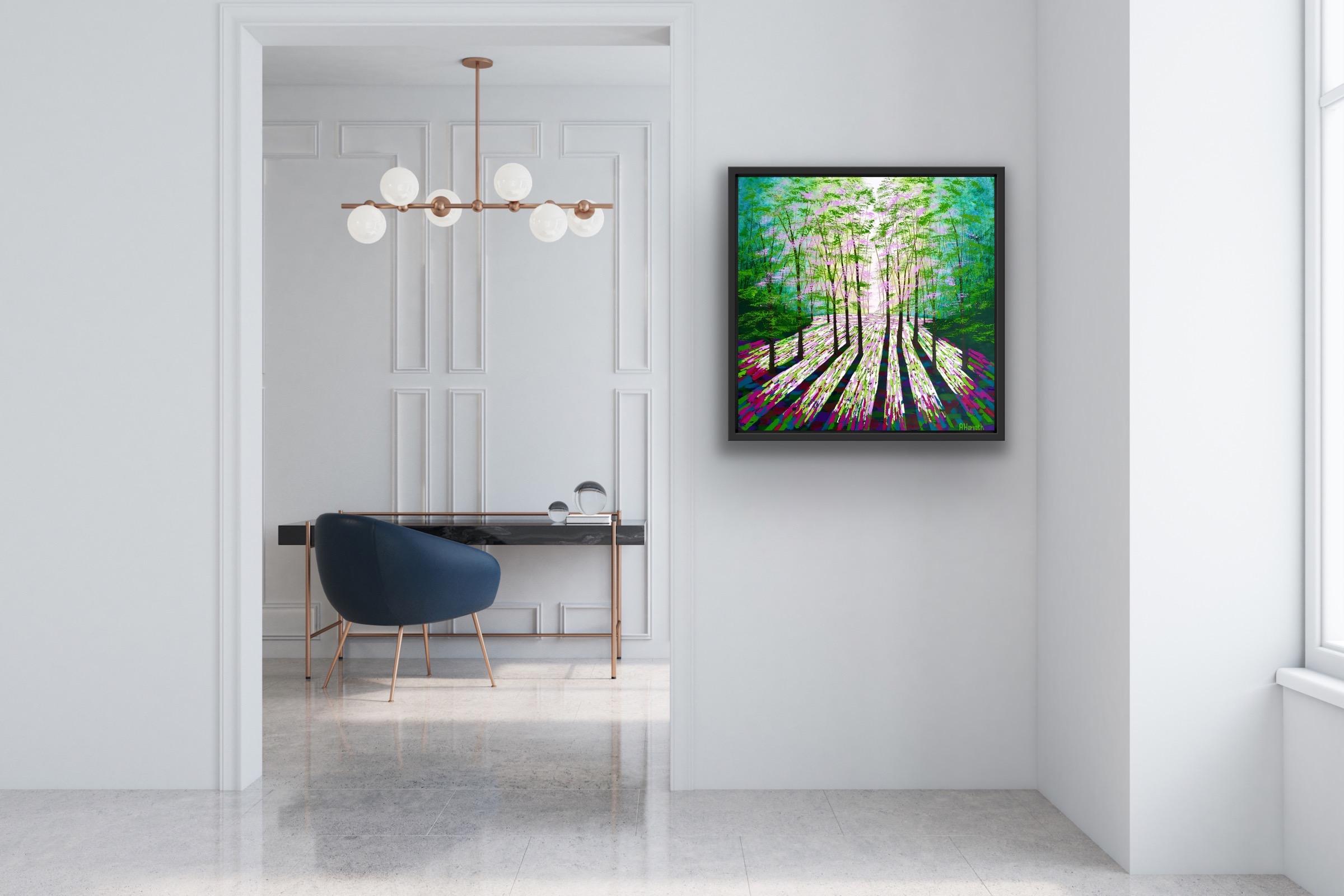 Calma forestal, Arte paisajístico luminoso, Pintura vibrante de árboles del bosque, Arte luminoso en venta 3