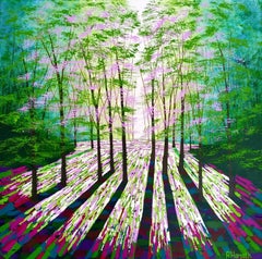Forest Calm, Helle Landschaftskunst, Leuchtendes Holzbaum-Gemälde