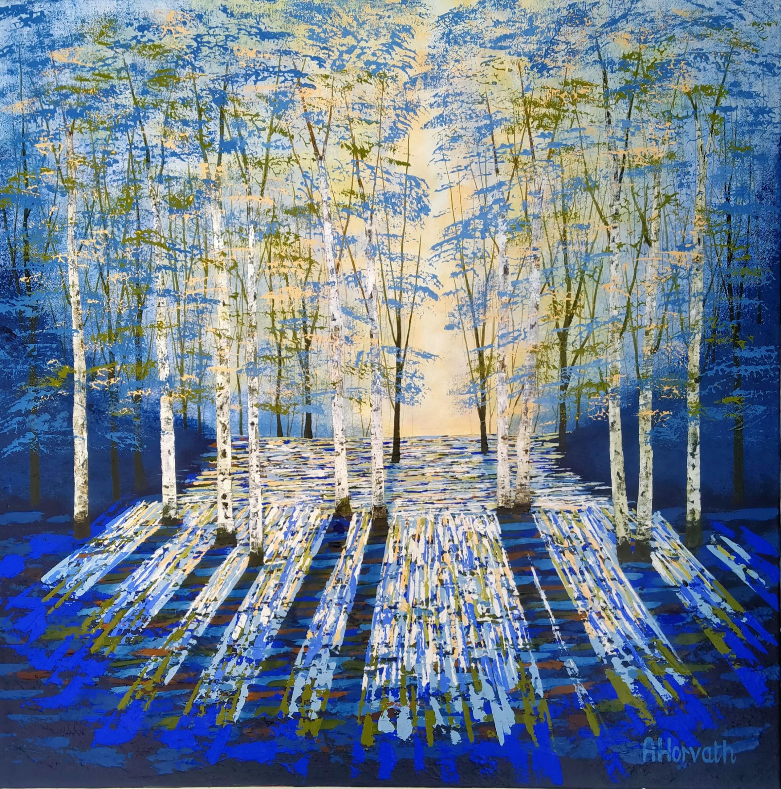 Landscape Painting Amanda Hovarth - Peinture bleue de soirée dorée, peinture de bois bleue, art contemporain bleu, art forêt