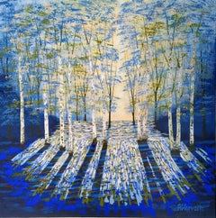 Golden Evening Blue, Blue Woodland Painting, Contemporary Blue Art, Forest Art