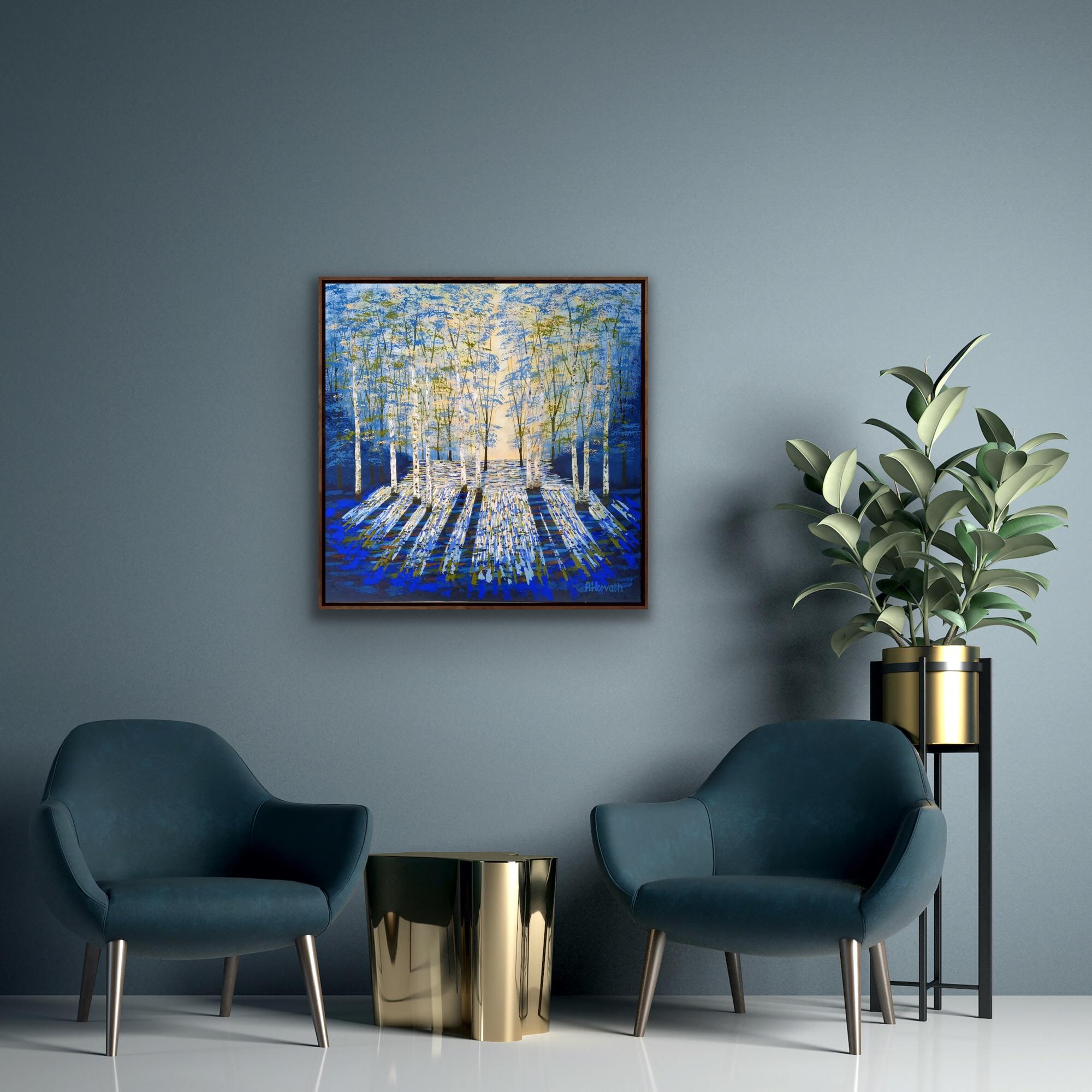 Peinture bleue de soirée dorée, peinture de bois bleue, art contemporain bleu, art forêt - Painting de Amanda Hovarth