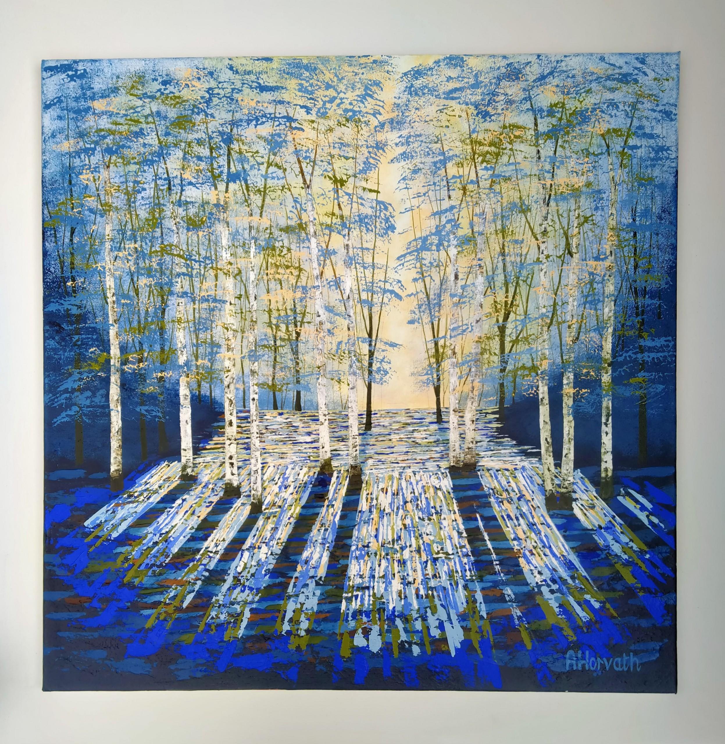 This painting is an original one of a kind with natural themes celebrating beautiful blues, greens and apricot tones. There are some lovely woods near my home and towards the end of the day the light is clear in the distance with the birch trees