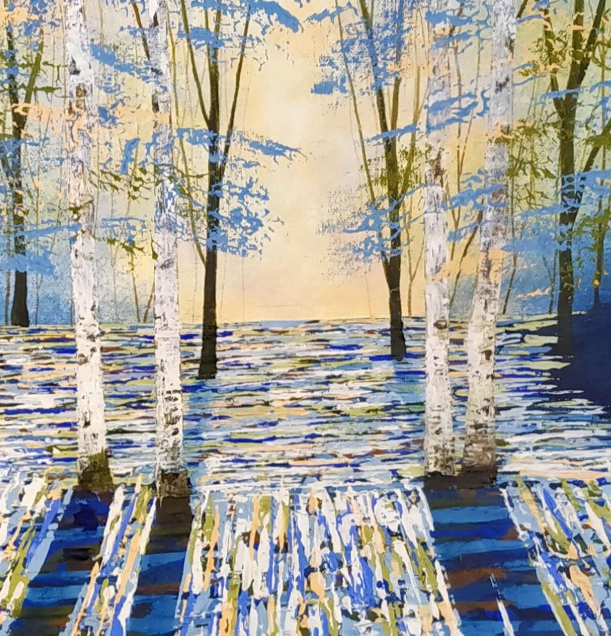 Azul atardecer dorado, Pintura azul del bosque, Arte contemporáneo azul, Arte del bosque en venta 2