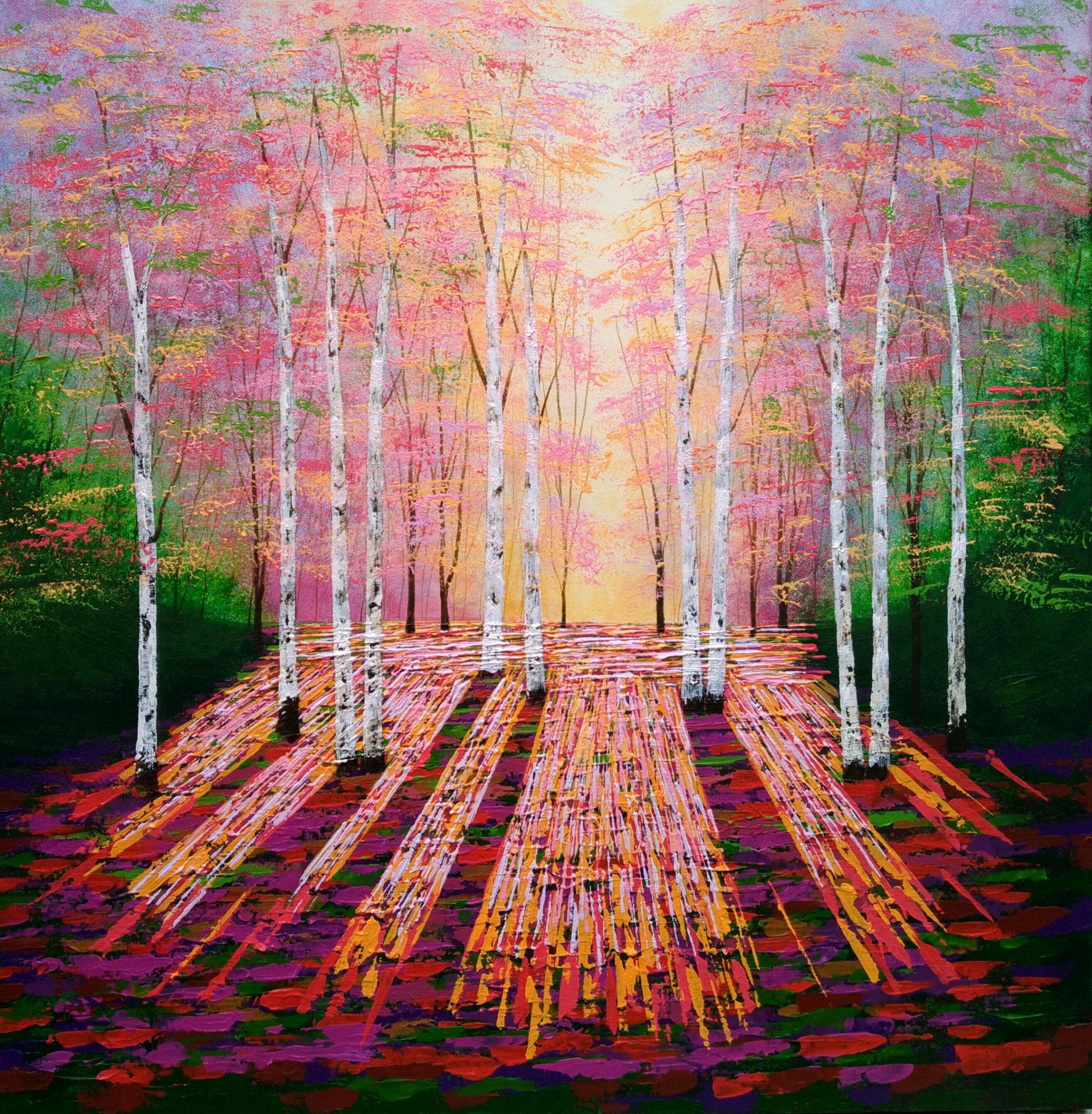 Golden Evening Light II Original Baum Gemälde Contemporary English Woodland Art