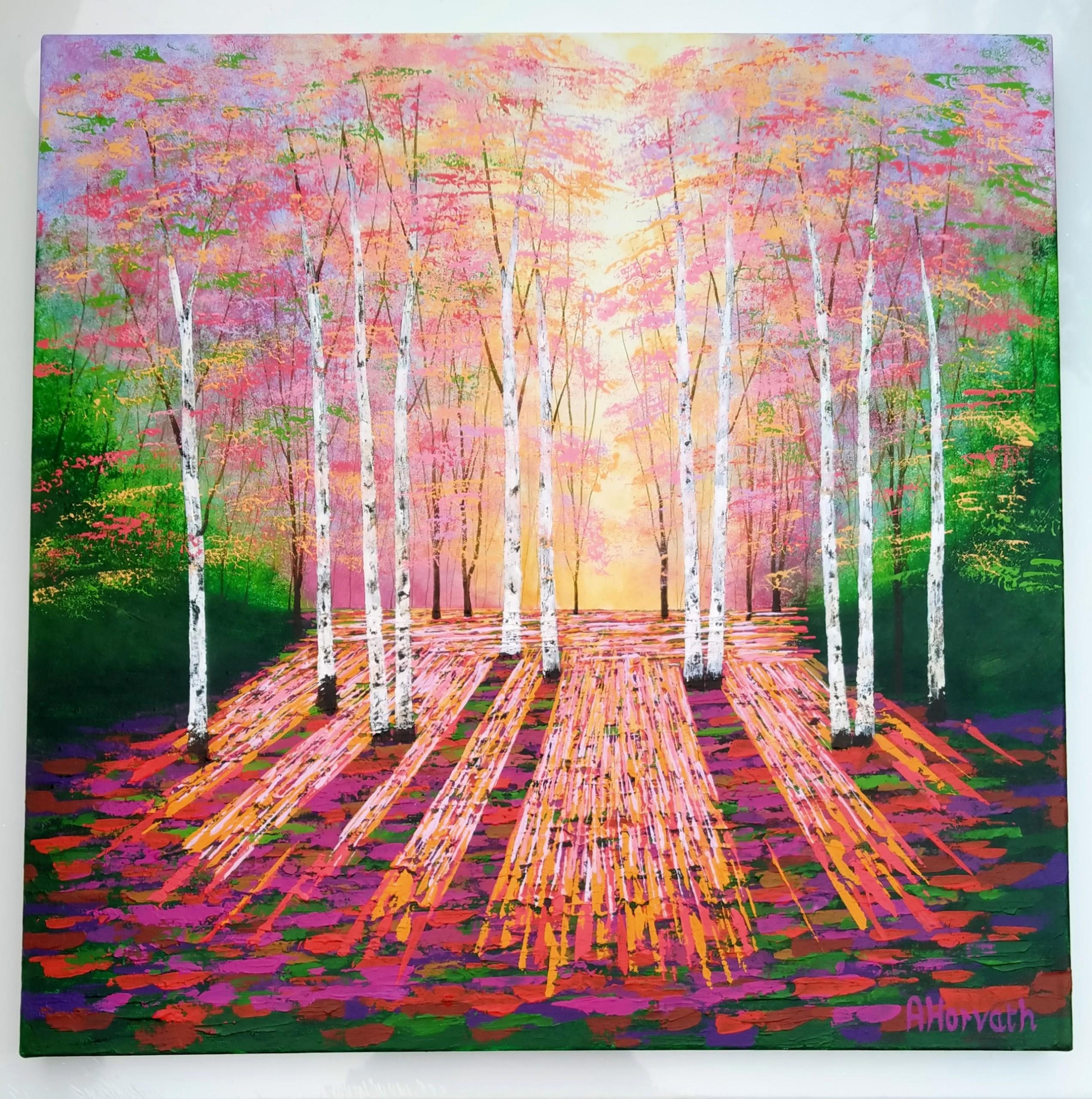 Golden Evening Light II Peinture d'arbre originale Contemporary English Woodland Art - Contemporain Painting par Amanda Hovarth